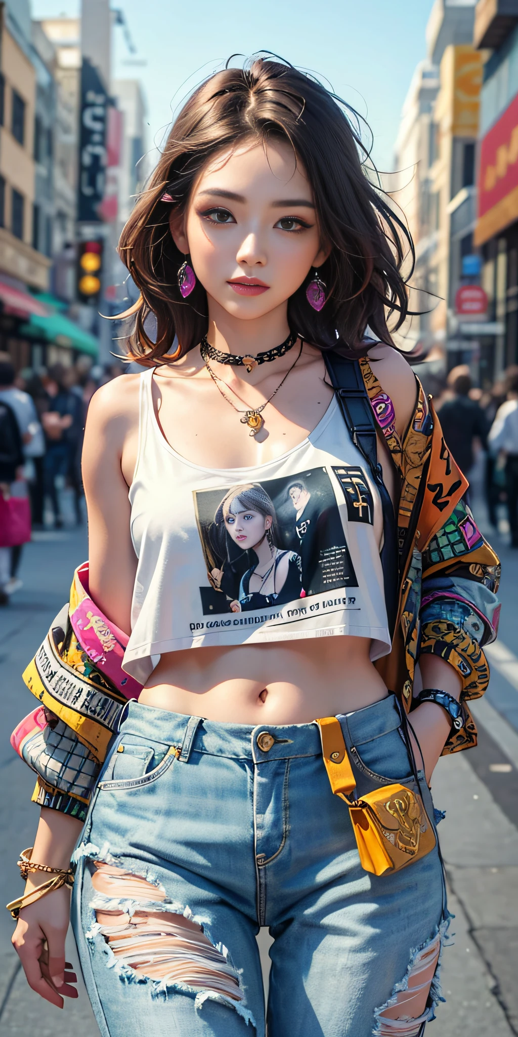 1 Girl, 8K Quality, Masterpiece, Best Quality, Solo, High Resolution, Street Art, Dopamine Dressing, Loose Clothing, Colorful Accessories, Jewelry, Perfect Combination of Trend and Street, Graphic Model, Dopamine Pants, Summer, Sexy Face Shape, Ethereal, Bag, Newspaper, Doodle, Sticker, Creative, Trend