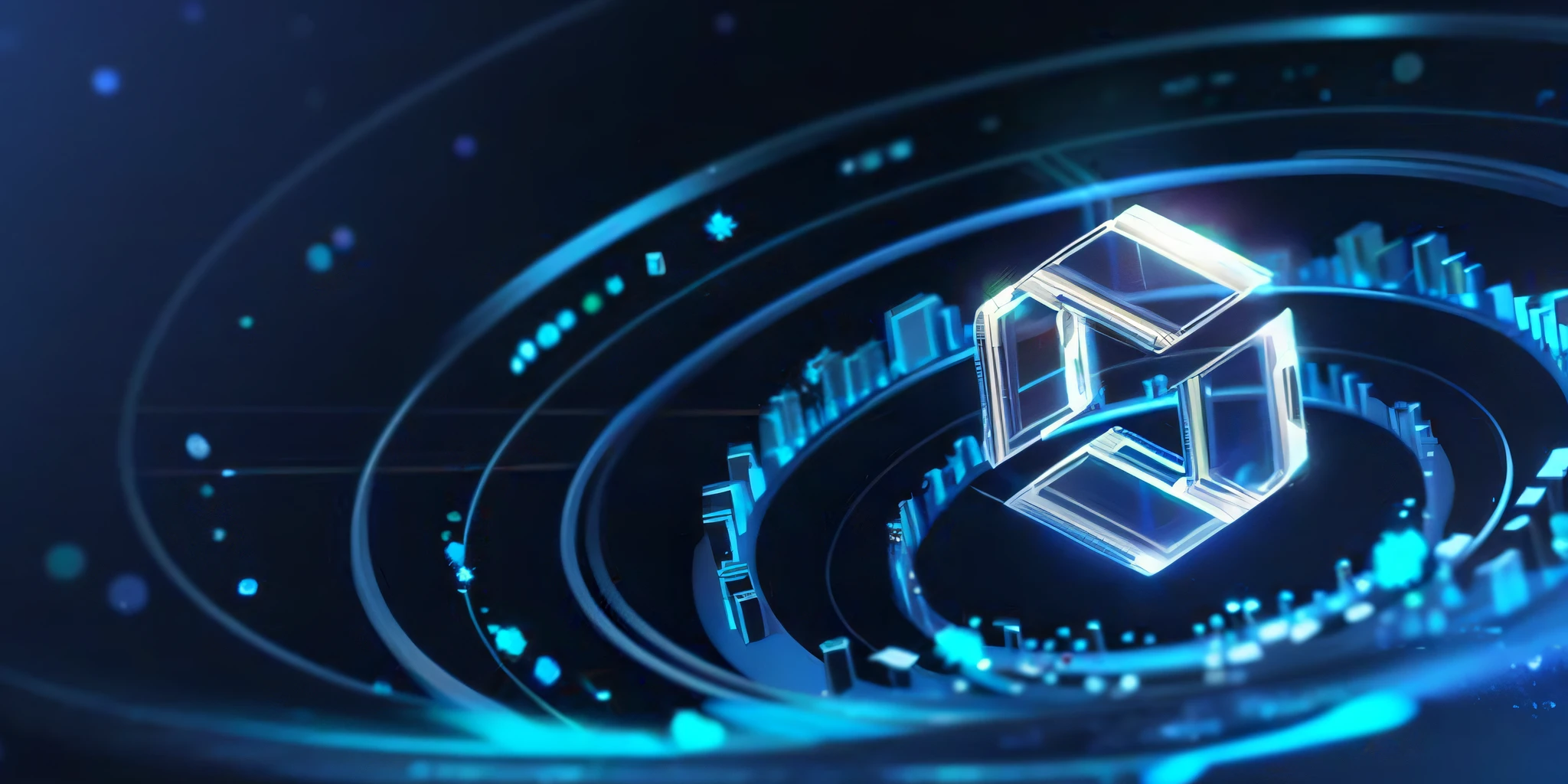 Blue and black abstract image of futuristic logo, round circles above are models of buildings, themes glow in the shape of shields, 3 D, C 4 D ", nano, rendered in Cinema4D, rendered in Cinema 4 D, blue circular hologram, quantum technology, dimensions, polygons, rendered in cinema 4 D octane, 3 D nft, 3 d rendered in octane, 3d rendered in octane