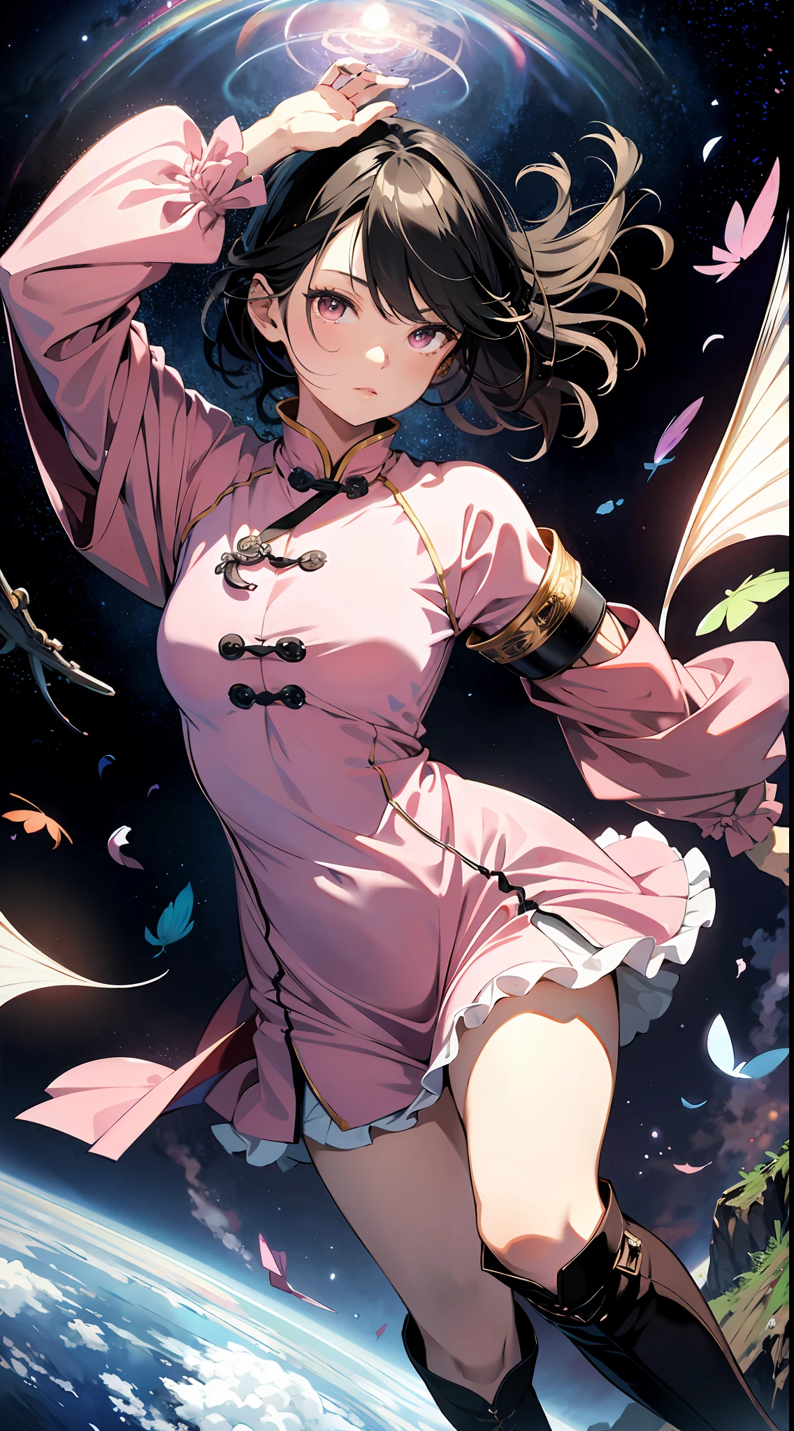 absurd res, high res, (masterpiece:1.4), ultra-detailed, 1girl, from above, space, floating, pink Chinese dress, pink dress, knee boots, black hair, black eyes, Asian eyes, wide open eyes