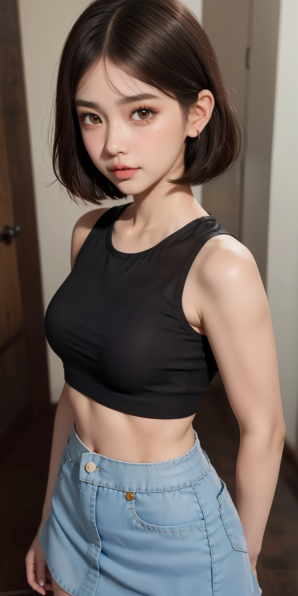 1girl, full body, crop top, mini skirt, blushing, brown eyes, very short brown hair, big boobs, white skin,  long eyelashes, eyeshadow,  small face, big eyes