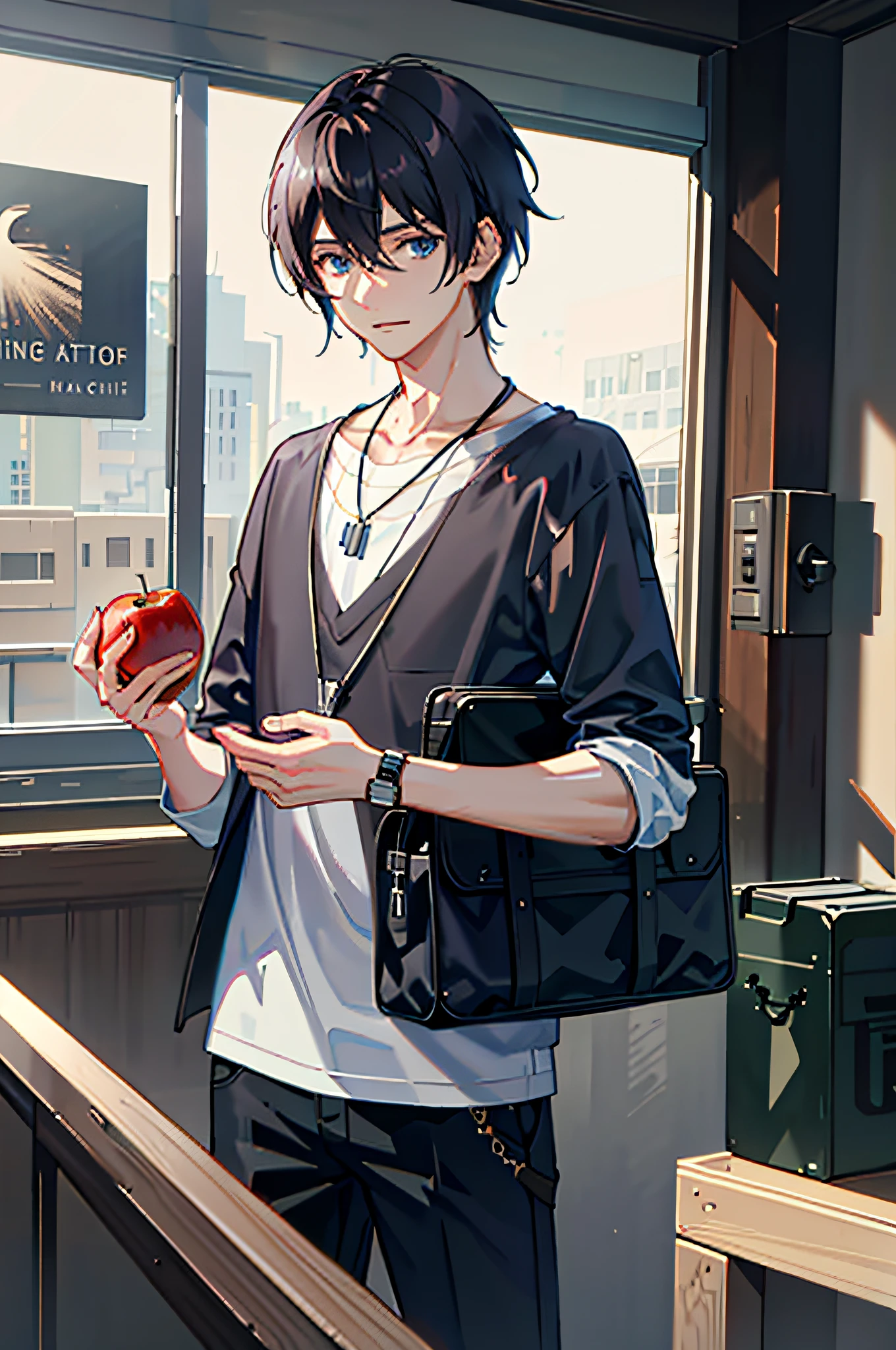 1boy, apple, bag, bangs, berry, black hair, black shirt, blue eyes, hair between eyes, jewelry, leaf, looking at viewer, male focus, necklace, pants, shirt, solo, watch, white pants, wristwatch, messy hair, trending on artstation, 8k resolution, highly detailed, anatomically correct, sharp image, digital painting, concept art, trending on pixiv, style of makoto shinkai,