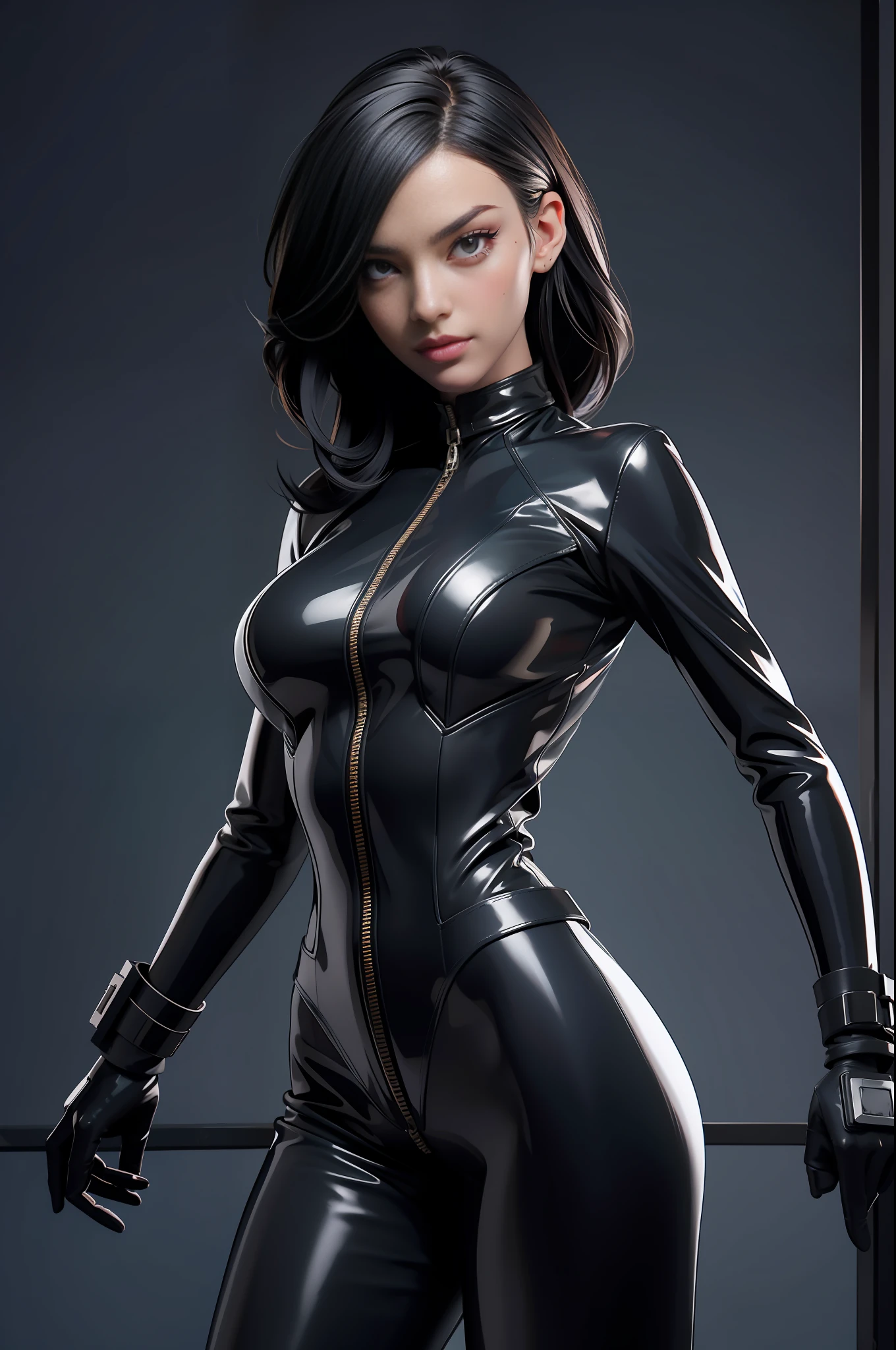 solo, super fine photo, portrait Unreal Engine 5 8K UHD of beautiful and mature girl, gorgeous, bob hair, black tight futuristic latex catsuit with straps, latex glove, latex belts, cyberpunk design, futuristic female agent, latex arm and leg cuffs, beautiful make up, luxurious, best quality, masterpiece, official art, unified 8k wallpaper, super detailed, sharp focus, dynamic pose, body parts, no extra limbs, precisely anatomy