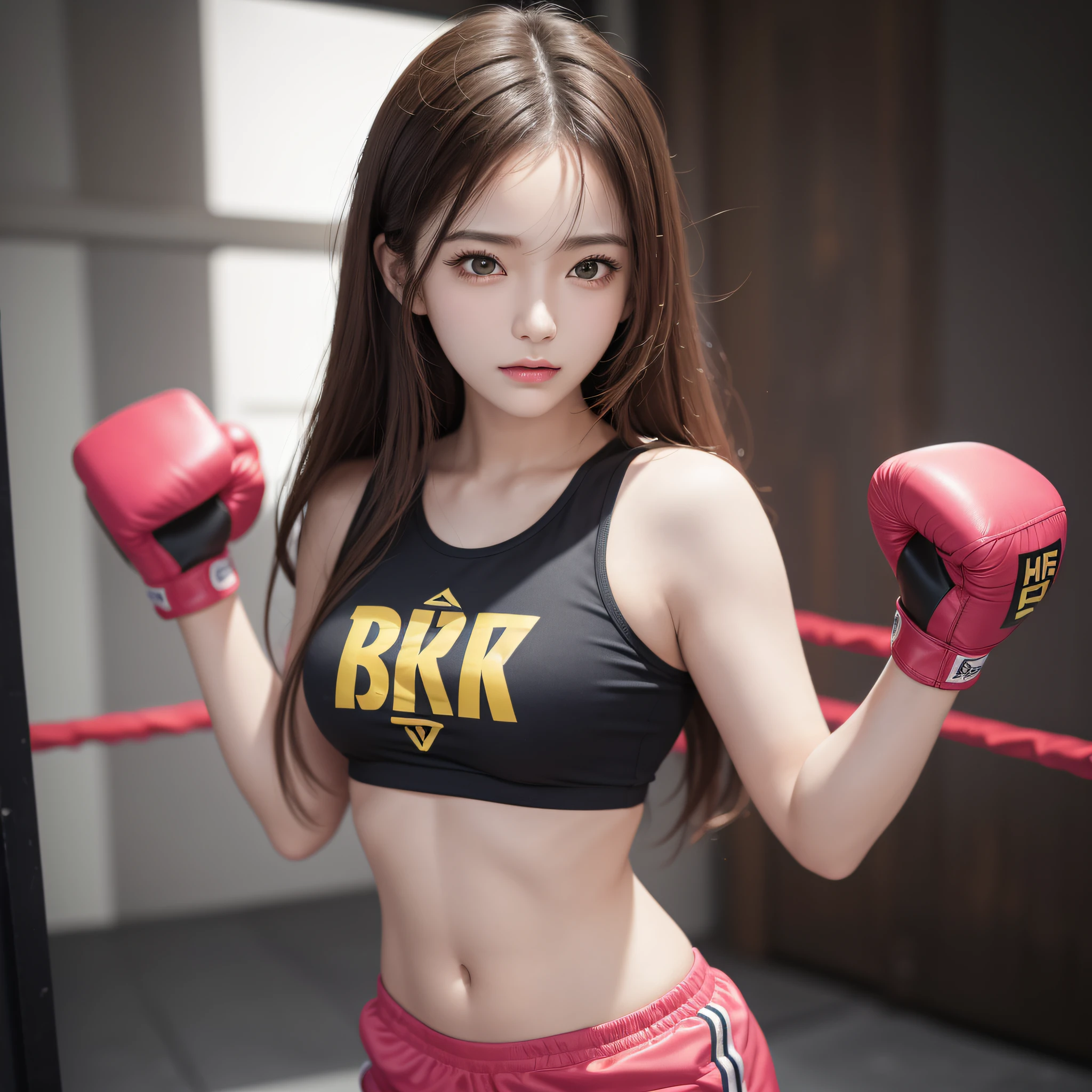 masterpiece, top quality, (realistic, photorealistic: 1.4), (RAW photo: 1.2), very elaborate CG Unity 8K wallpaper, very delicate and beautiful, wonderful, attention to detail, official art, absurdity, incredibly ridiculous, huge file size, very fine, very elaborate, beautiful eyes and face, beautiful elaborate eyes, light on the face, one girl, Long Hair, (Pom) Navel, Upper Body, pink and yellow Short Sleeved navel-baring T-Shirt, Beautiful Detailed Real Boxing Gloves, Bare Arms, Bangs, Boxing Gym, Boxing Ring, ULZZANG-6500-v1.1