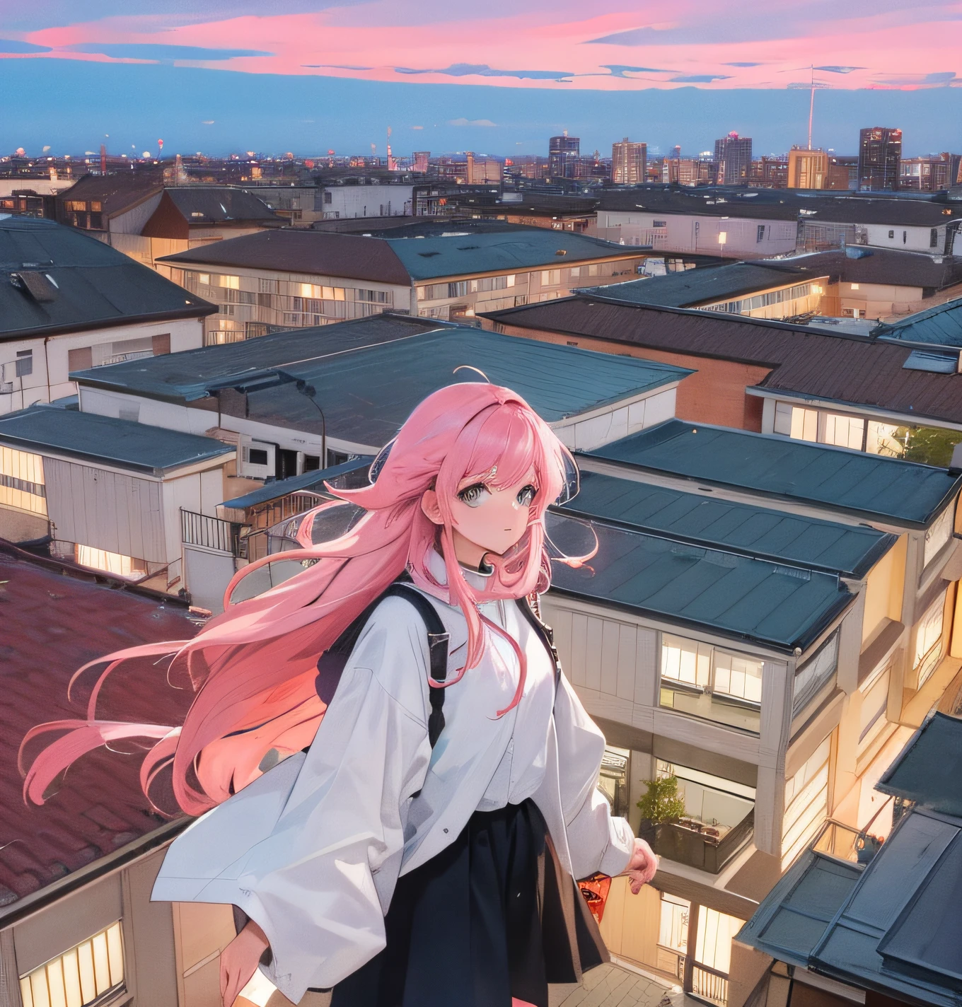 A pink-haired girl standing on the roof of the company's office building, at dusk