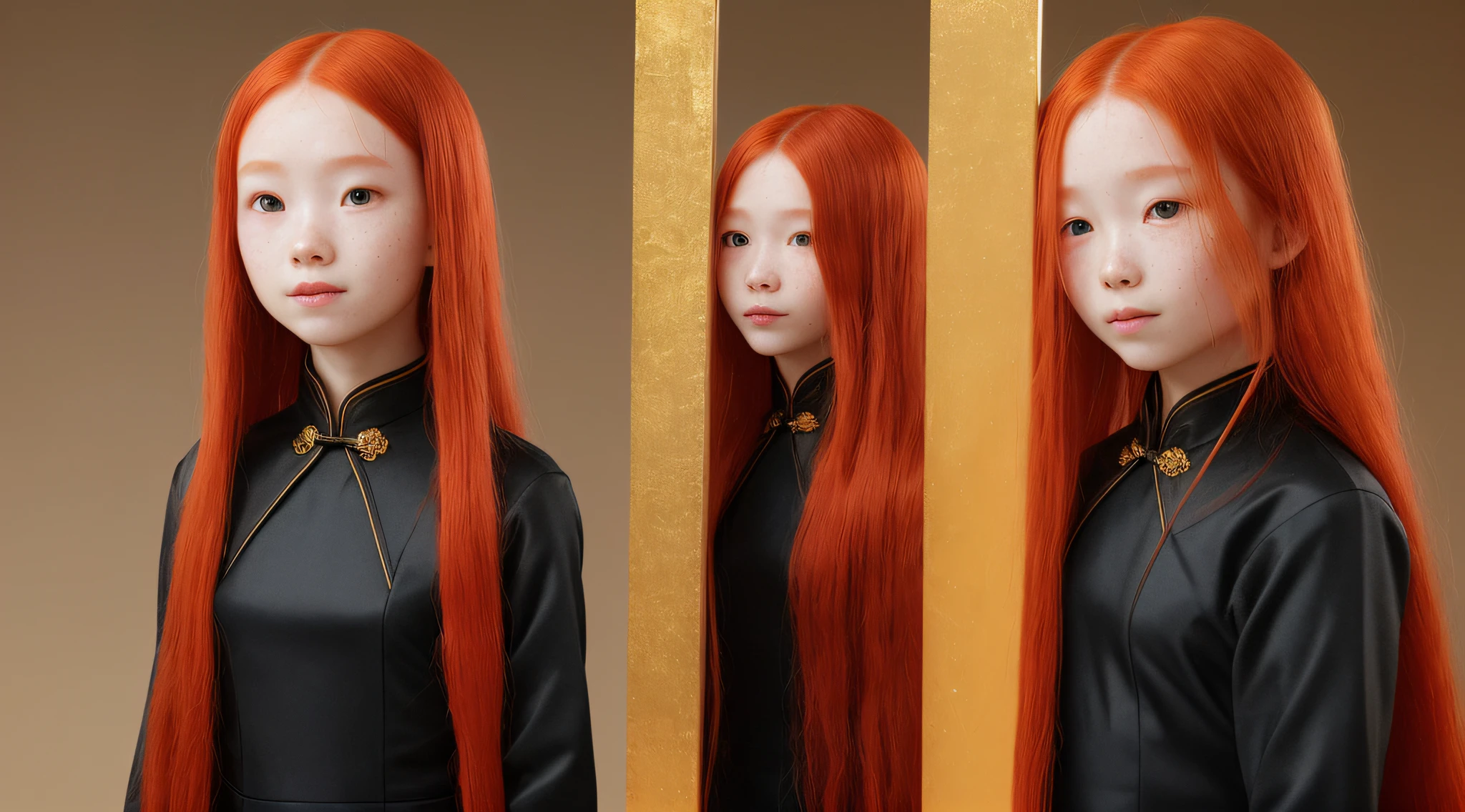 (), fire-red hair of long, flowing braids, (golden|translucent black:1.4 cheongsam:1,331), red-haired Asian girl, (freckles, pale skin), defined jaw, smaller, beautiful and seductive head