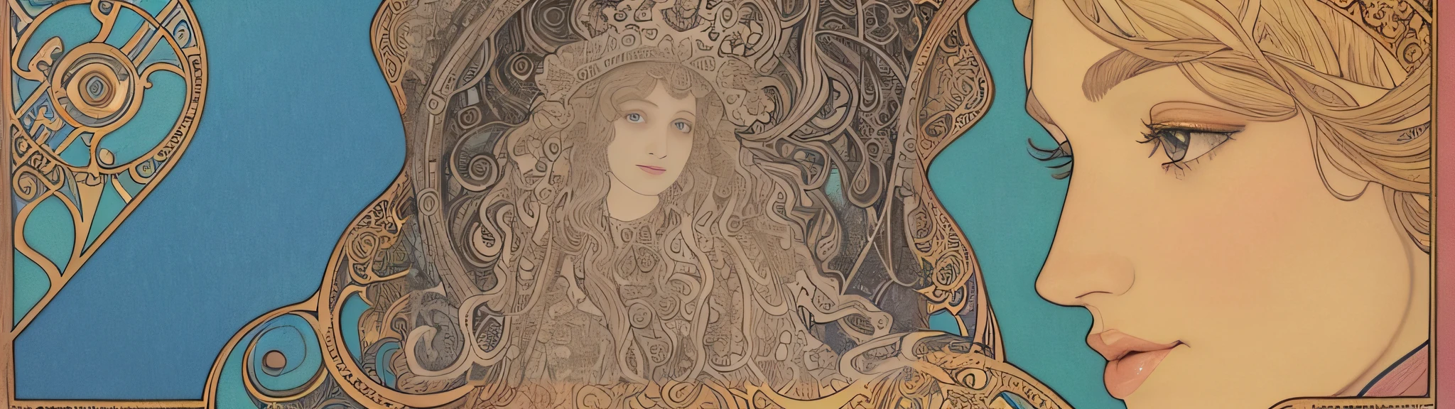 a close up of a painting of a woman with a crown on her head, inspired by Jan Toorop, by Jan Toorop, sam guay, mucha style 4k, hyperrealistic art nouveau, by Rebecca Guay, james jean & alphonse mucha, mucha. art nouveau. gloomhaven, flat shading mucha, flat cel shading mucha