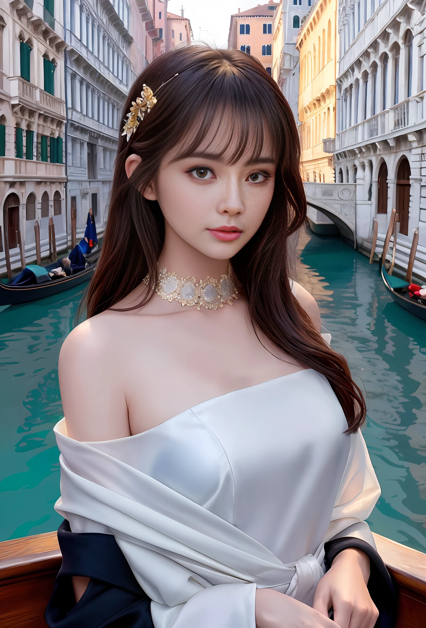 modelshoot style, (extremely detailed CG unity 8k wallpaper), full shot body photo of the most beautiful artwork in the world, stunningly beautiful photo realistic cute women, a hyper realistic ultra detailed photograph of a beautiful girl as a female 2020s dancer on the boat of 2020s Venice,(Bridge Of Sighs background),(princess eyes,shiny pupils), detailed symmetric beautiful hazel eyes, detailed gorgeous face,highly detailed, vibrant,professional majestic oil painting by Ed Blinkey, Atey Ghailan, Studio Ghibli, by Jeremy Mann, Greg Manchess, Antonio Moro, trending on ArtStation, trending on CGSociety, Intricate, High Detail, Sharp focus, dramatic, photorealistic painting art by midjourney and greg rutkowski