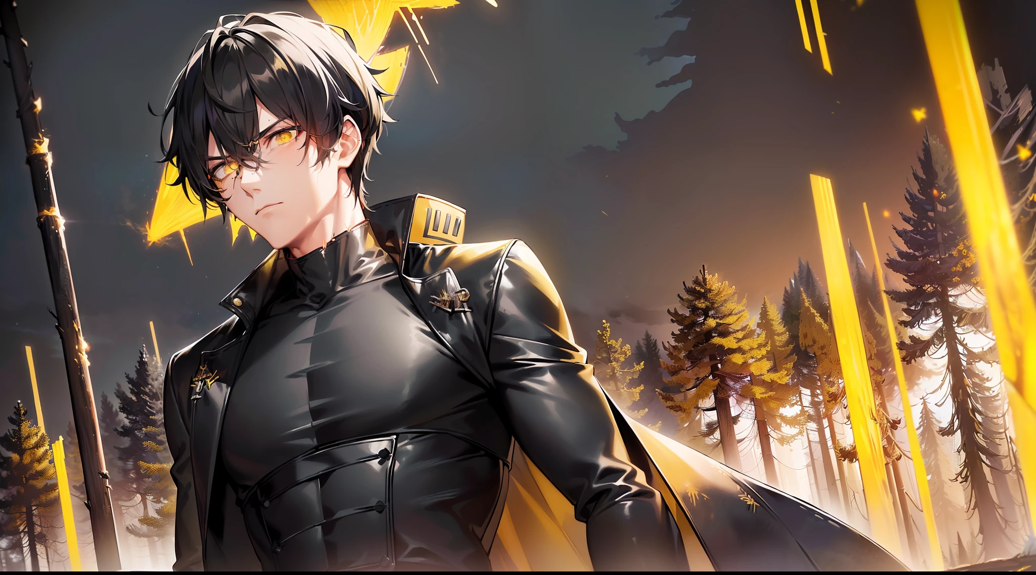 masterpiece, best quality, badass anime, high quality, human, mature handsome male, (((solo))), (male focus), ((mature)), ((black)) short hair, hair between eyes, slim, ((yellow pupils)), glowing pupils, detailed eyes, front view, (clothing, (topwear: ((black modern coat, black t-shirt), bottomwear:(pants: black)), standing, detailed clothing, coat collar, coat fluttering, tall, (serious expression), (((burnt forest))), (detailed background), clothing covered with ((yellow glowing elements))