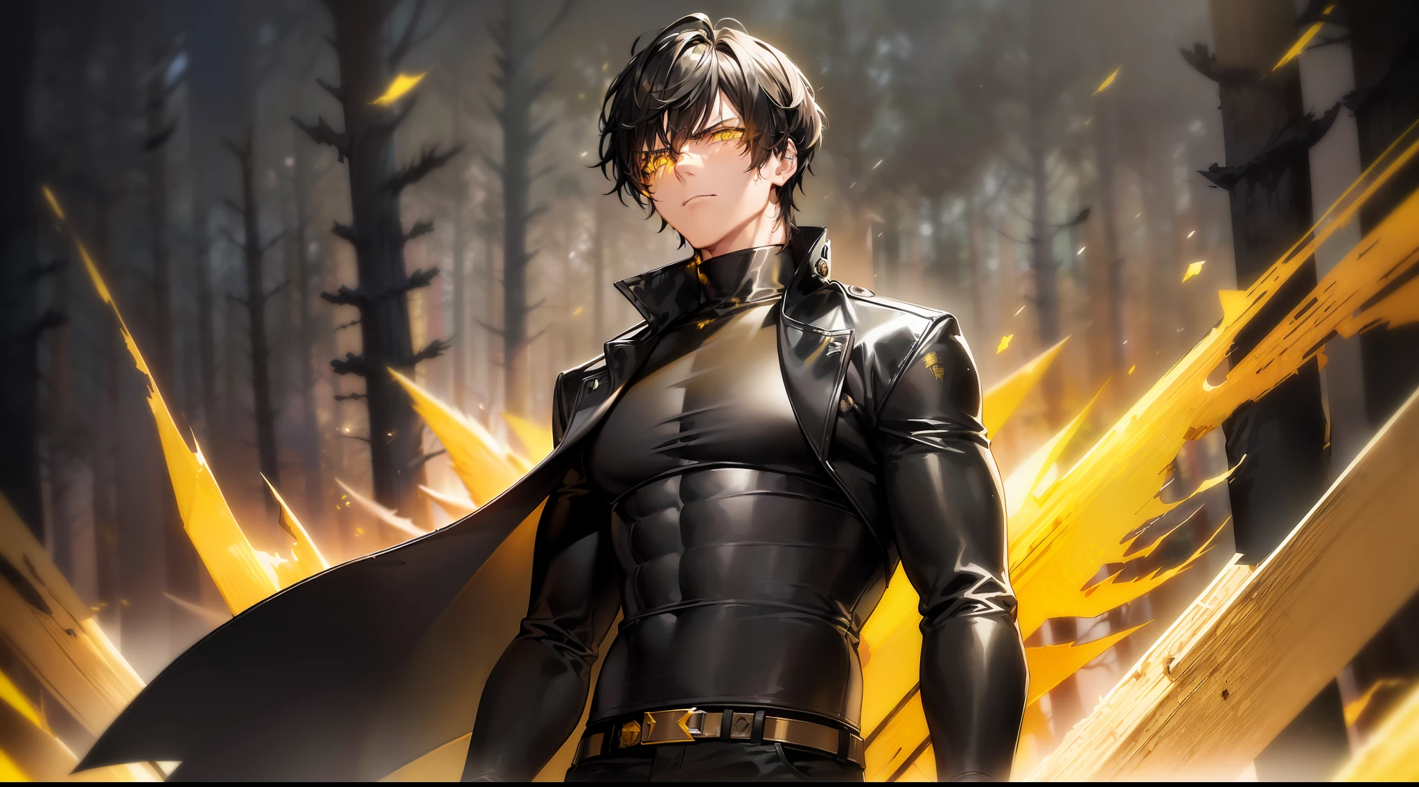 masterpiece, best quality, badass anime, high quality, human, mature handsome male, (((solo))), (male focus), ((mature)), ((black)) short hair, hair between eyes, slim, ((yellow pupils)), glowing pupils, detailed eyes, front view, (clothing, (topwear: ((black modern coat, black t-shirt), bottomwear:(pants: black)), standing, detailed clothing, coat collar, coat fluttering, tall, (serious expression), (((burnt forest))), (detailed background), clothing covered with ((yellow glowing elements))