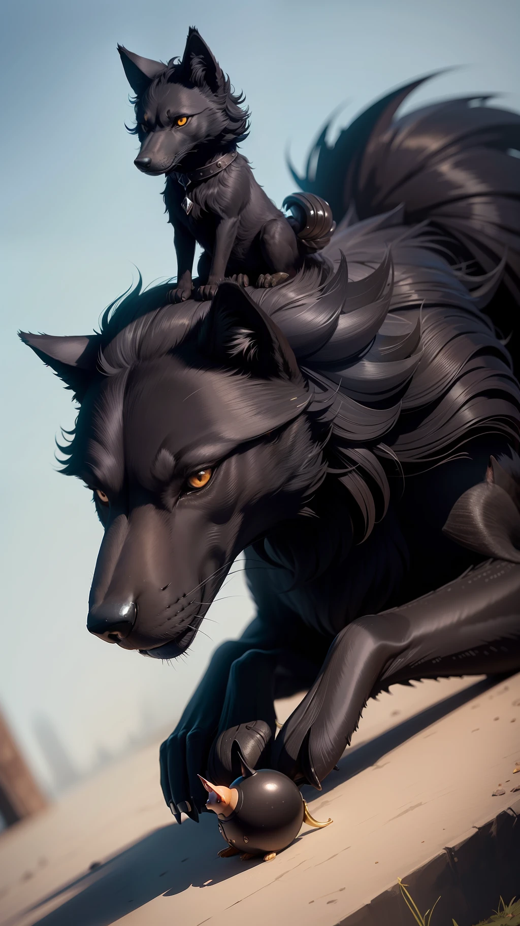 A magnificent black wolf and a small snail riding on its head