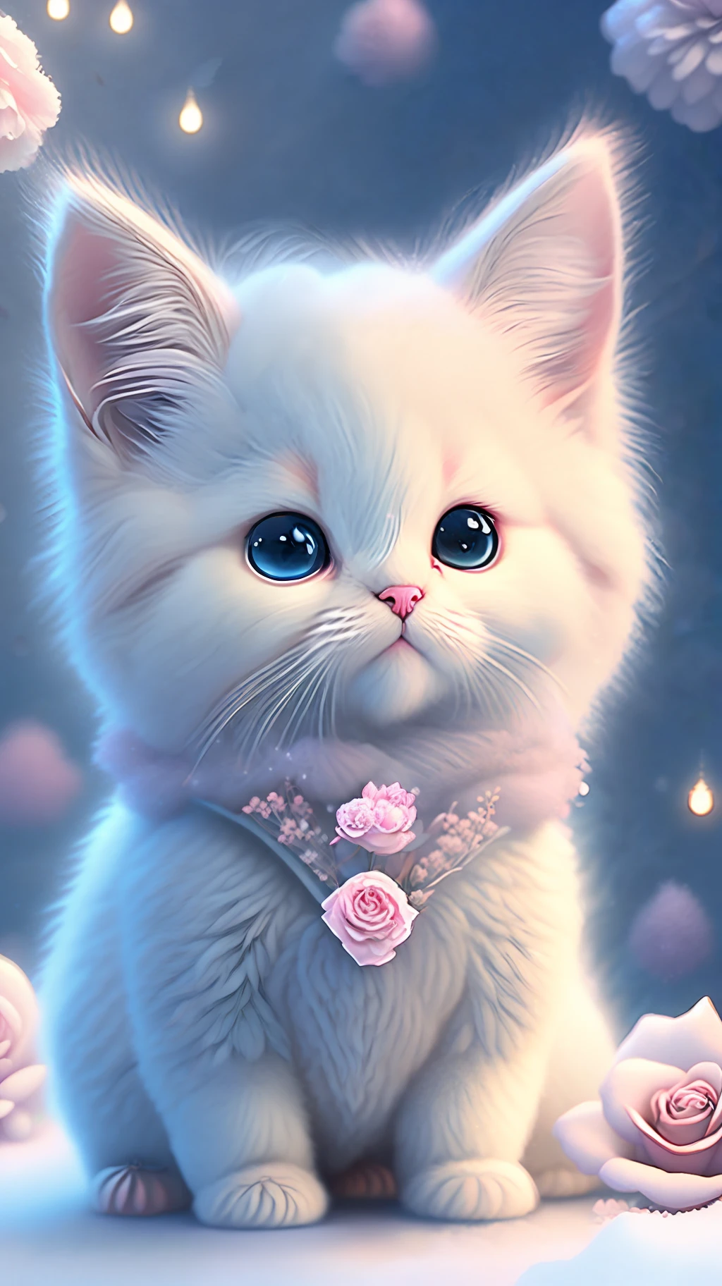 In this ultra-detailed CG art, cute kittens surrounded by ethereal roses, laughter, best quality, high resolution, intricate details, fantasy, cute animals, purple, funny, open mouth!! Laugh!!!