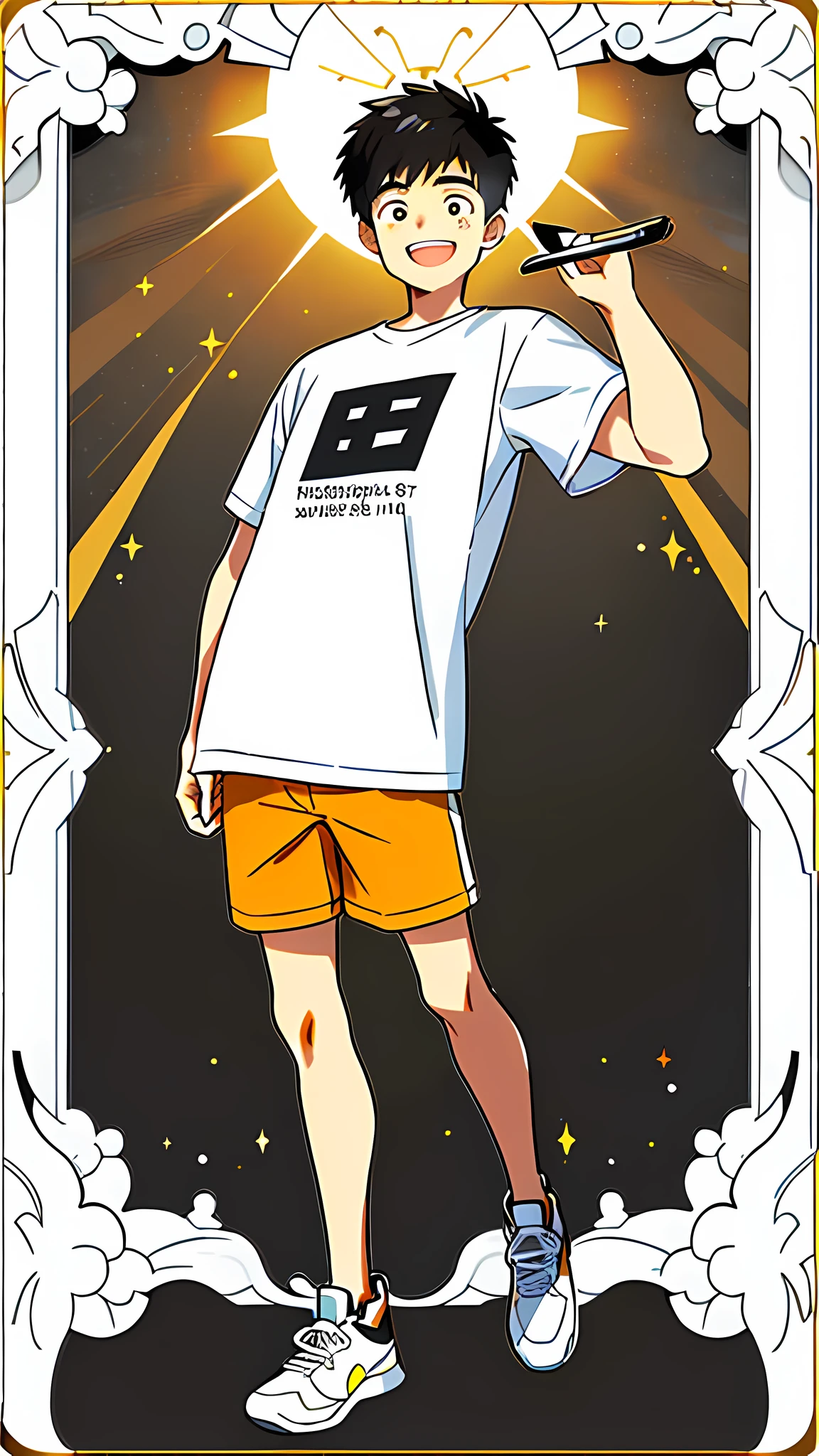 masterpiece, best quality, full body, card, 1 guy, the sun, happy, laugh, short hair, black hair, brush cut, white shirt, standing, white, light, yellow, orange, black, buzz cut, bara, street style, white t-shirt, sport, center, young guy, looking at viewer, holding nothing, sunshine, teenager boy