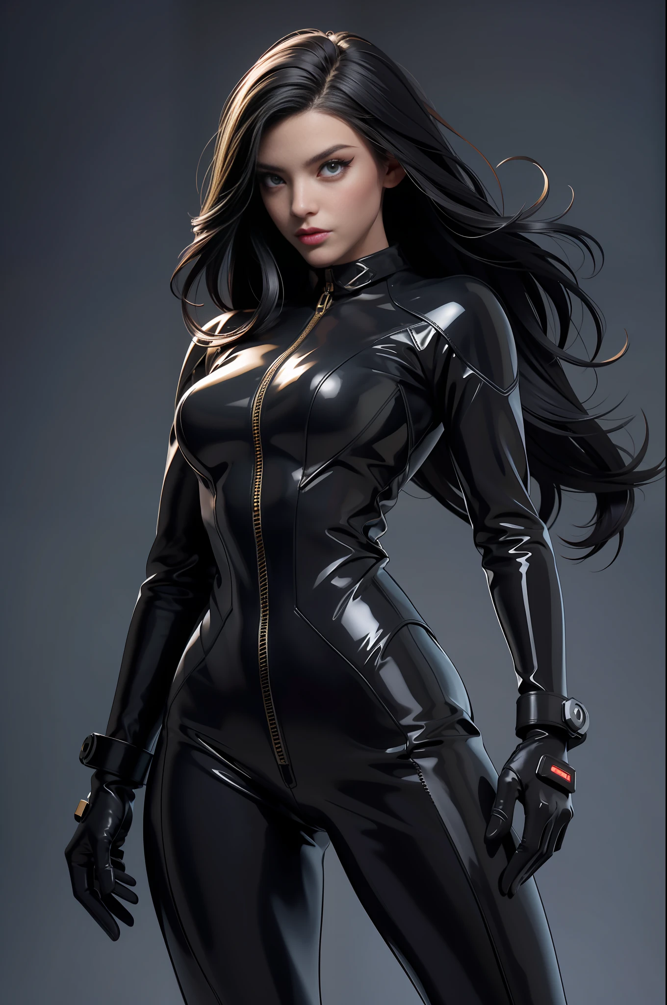 solo, super fine photo, portrait Unreal Engine 5 8K UHD of beautiful and mature girl, gorgeous, bob hair, black tight futuristic latex catsuit with straps, latex glove, latex belts, cyberpunk design, futuristic female superheroine, latex arm and leg cuffs, beautiful make up, luxurious, best quality, masterpiece, official art, unified 8k wallpaper, super detailed, sharp focus, dynamic pose, body parts, no extra limbs, precisely anatomy