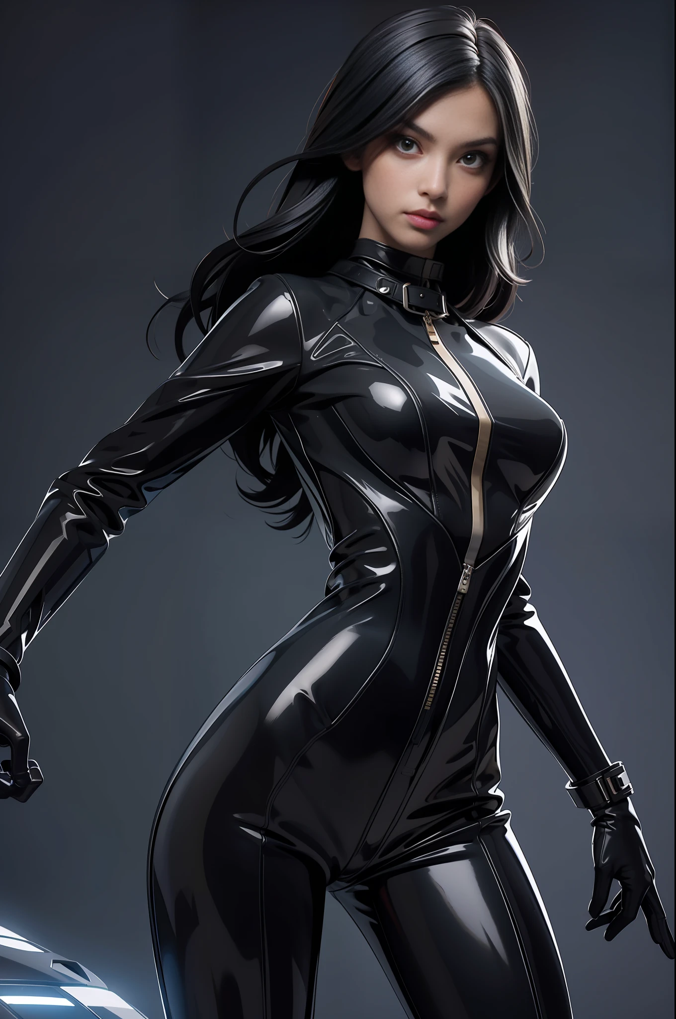 solo, super fine photo, portrait Unreal Engine 5 8K UHD of beautiful and mature girl, gorgeous, bob hair, black tight futuristic latex catsuit with straps, latex glove, latex belts, cyberpunk design, futuristic female superheroine, latex arm and leg cuffs, beautiful make up, luxurious, best quality, masterpiece, official art, unified 8k wallpaper, super detailed, sharp focus, dynamic pose, body parts, no extra limbs, precisely anatomy