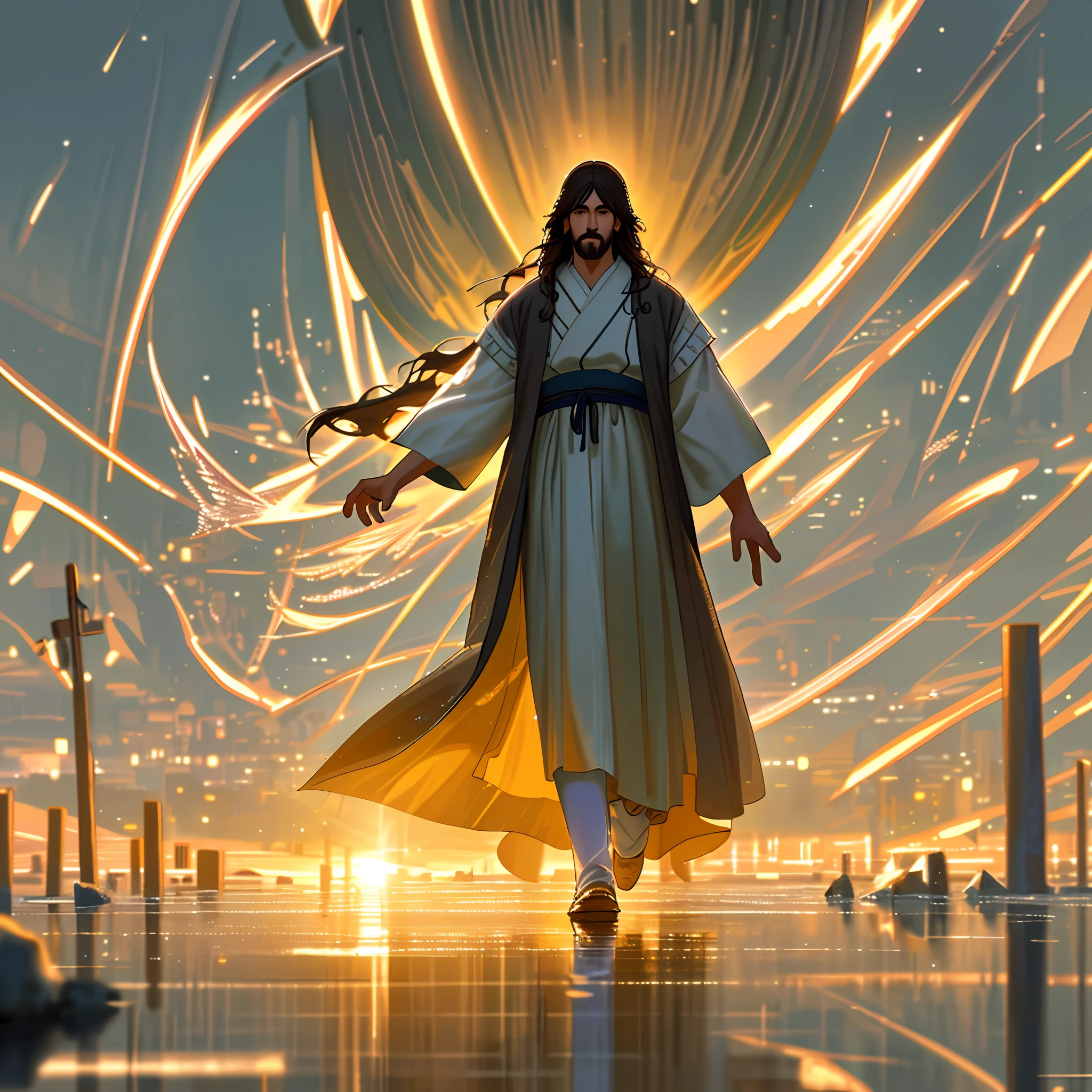 jesus walking on water in a storm, masterpiece, best quality, high quality, extremely detailed CG unit 8k wallpaper, award winning photography, Bokeh, Depth of Field, HDR, bloom, Chromatic aberration, photorealistic, extremely detailed, trending on artstation, trending on CGsociety, intricate, high detail, dramatic, mid-journey art, volumetric lighting