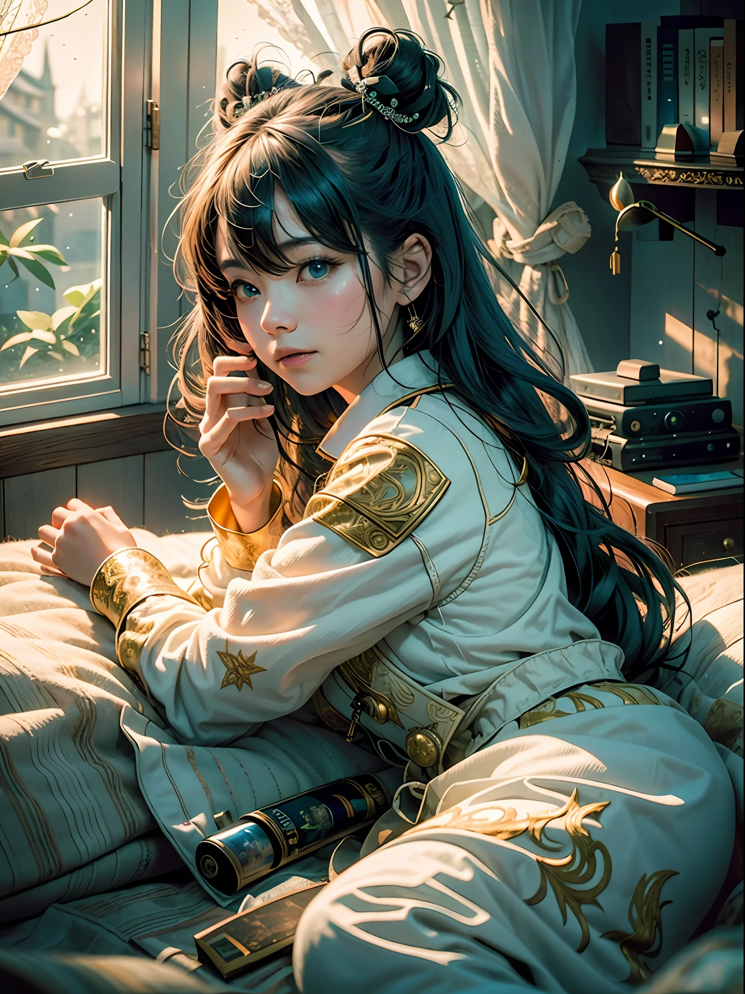 A Chinese girl, 12 years old, lies on her bed, wearing her complete pajamas. The room is softly lit, casting a warm glow on her serene face. A bookshelf filled with well-loved novels stands against the wall, telling stories of far-off lands and magical adventures. A fluffy stuffed panda sits beside her, a loyal companion in her dreams. The walls are adorned with vibrant posters of breathtaking landscapes, inspiring her imagination. Soft music plays from a vintage record player, filling the room with melodic tranquility. The window curtains sway gently in the breeze, revealing a moonlit night sky dotted with twinkling stars. Her dreams take flight as she drifts off to sleep. [realistic photography, professional color graded, 8K, F2.4, 35mm], Cinematic, Hyper-detailed, insane details, Beautifully color graded, Unreal Engine, DOF, Super-Resolution, Megapixel, Cinematic Lightning, Anti-Aliasing, FKAA, TXAA, RTX, SSAO, Post Processing, Post Production, Tone Mapping, CGI, VFX, SFX, Insanely detailed and intricate, Hyper maximalist, Hyper realistic, Volumetric, Photorealistic, ultra photoreal, ultra-detailed, intricate details, 8K, Super detailed, Full color, Volumetric lightning, HDR, Realistic, Unreal Engine, 16K, Sharp focus, octane render --v testp