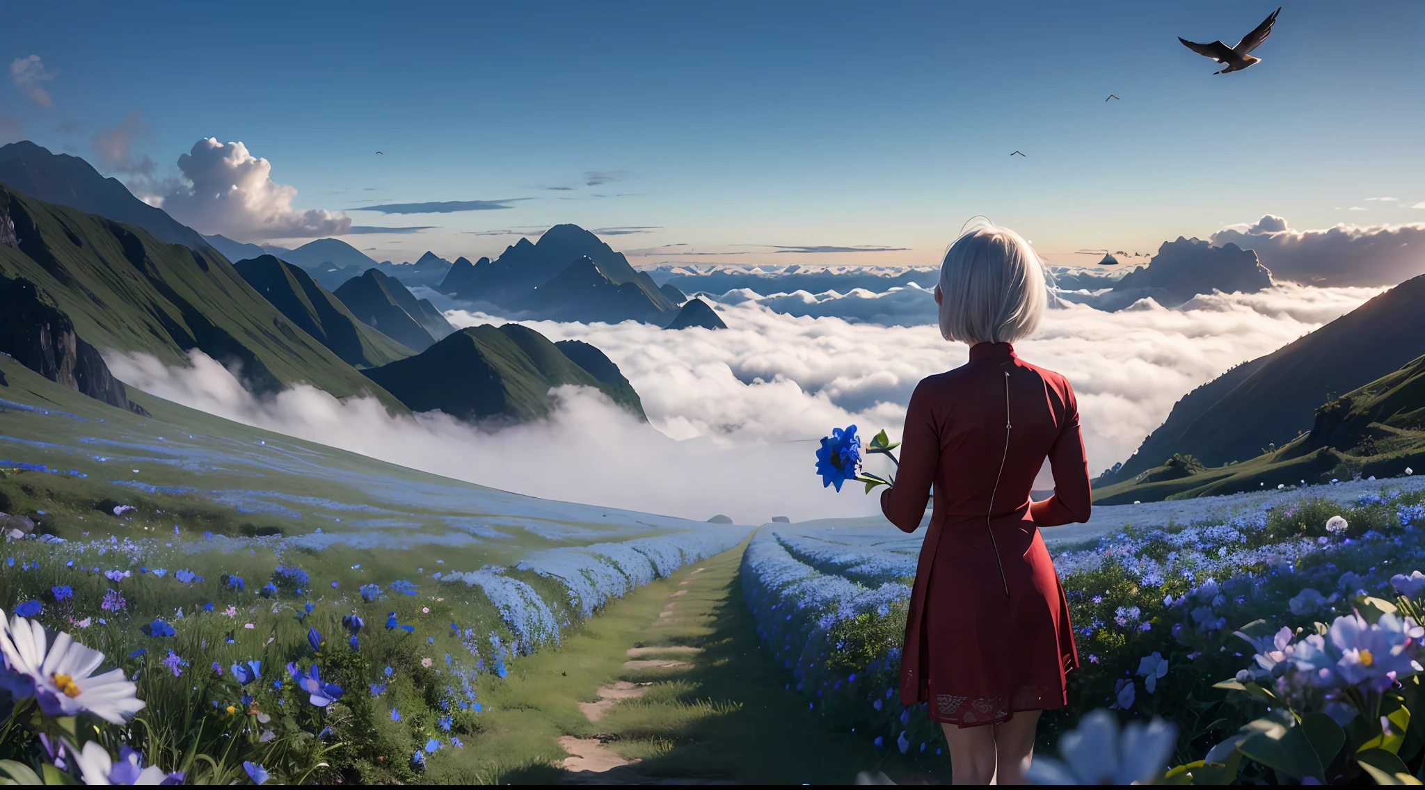 (view back:1.3), Rackflower, (wearing red marry dress:1.4), BREAK 1girl, (white hair, short hair), light smile, BREAK (holding flower, blue flower, cloud, sky, fog, vietnam mountain scene, flower garden around vietnam, birds flying around vietnam:1.3), BREAK night light, dramatic light, necklace ,bracelets