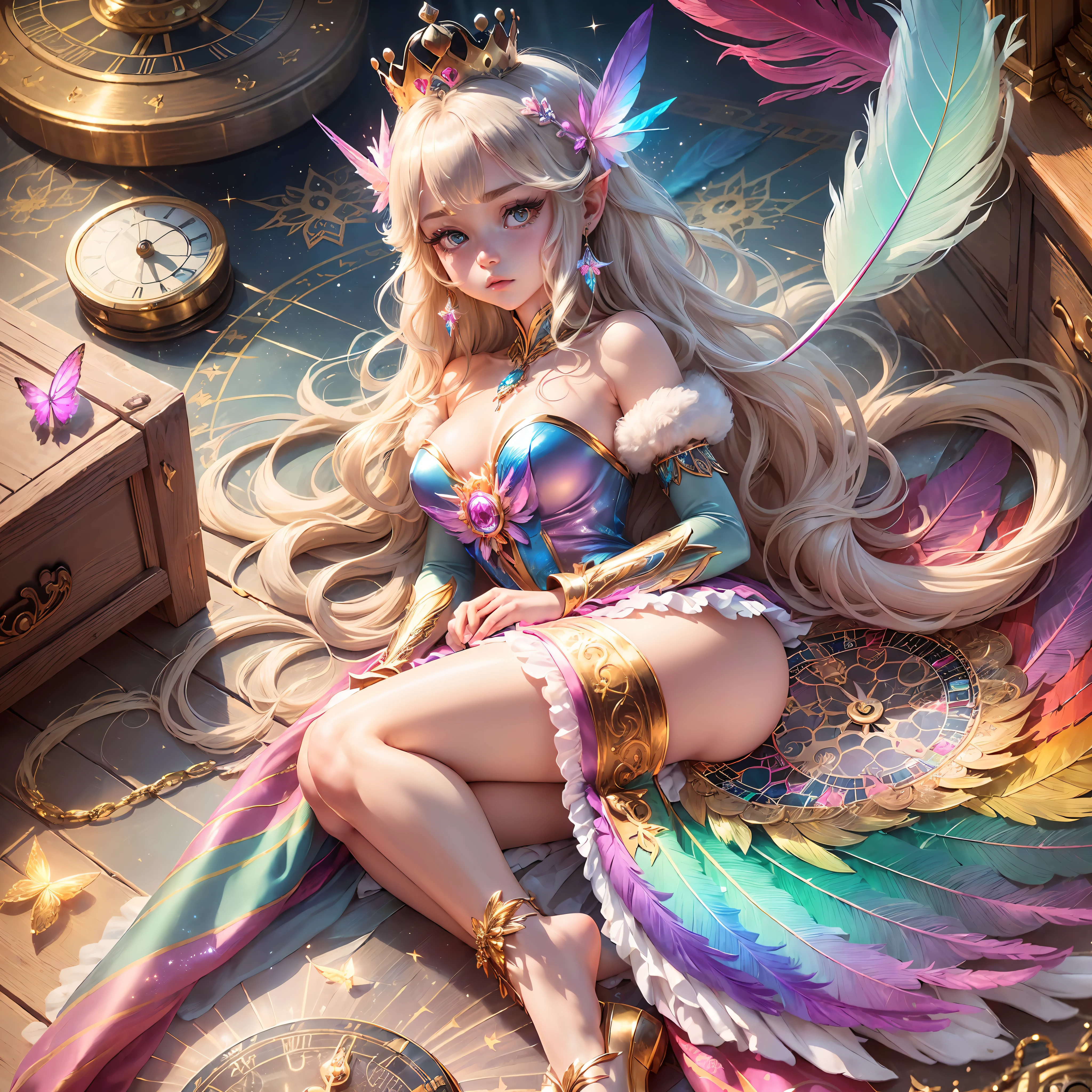 1girl, ((cinematic light)), colorful, super detail, dramatic light, intricate details, best quality, (very detailed CG uniform 8k wallpaper, masterpiece, best quality, super detailed, best shadow), (detailed background: 1.4) , (beautiful detailed face, beautiful detailed neck), high contrast, (best lighting, extremely delicate and beautiful), (girl: 1.6), top lens, masterpiece, ((best quality))) ((((perfect quality) )), ((highly detailed eyelashes)))), ((((high detail)))), (perfect full body top-down)), (perfect body proportions) ), both eyes alike, smooth, (((((perfect two-dimensional beautiful girl))))), (extremely detailed 8K)))), high resolution, super quality, glare, iridescent colors, global illumination, real hair movement, realistic lighting, realistic shadows, perfect quality, Detailed shadows and lighting, anime style, ((FANTASY)), ((MAGIC)), 3D, ((HIPER quality)), (((2K,3K,5K,6K, 7K, 8K,))), ((detailed, good quality)) (opened huge treasure chest)))), ((Silver blonde hair))), ((Very long hair)), ((Kawaii), (Close eyes)))) , ((kawaii eyes)) ( Princess)))), (((Princess crown))), ((((Long Detail Shimmer Rainbow Colorful Feather Crystal Princess Dress)))), (LONG BIG RAINBOW COLORFULL) ((SHINY CRYSTAL SHOES)), ((GOLD ORNAMENTS, GOLD EARRINGS, FLOWER ORNAMENTS, PEARL ORNAMENTS)) , ((SAD EXPRESSIONS), ((SHINES, SPARKLES)), GOLD, (( sparkles)), ((shiny butterfly flying)), (feathers) LAKE, BRIDGE, ((((CLOCK))))) , (BLUE CRYSTAL HAIR ORNAMENT)))), (CURLED UP SLEEPING POSITION))), (((INSIDE THE BIG CHEST))) (( --auto --s2
