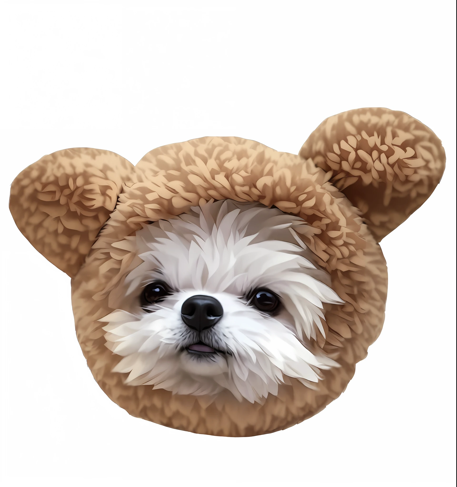 araffe dog wearing a teddy bear hat with a white face, cute dog, dog head, morphing dog head, kawaii cute dog, miniature bear, miko, cute ears, dog ears, small dog, fluffy ebay product, smol, teddy bear, cat dog teddy mix, paws on head, cheburashka, animal wearing a hat, ear floof