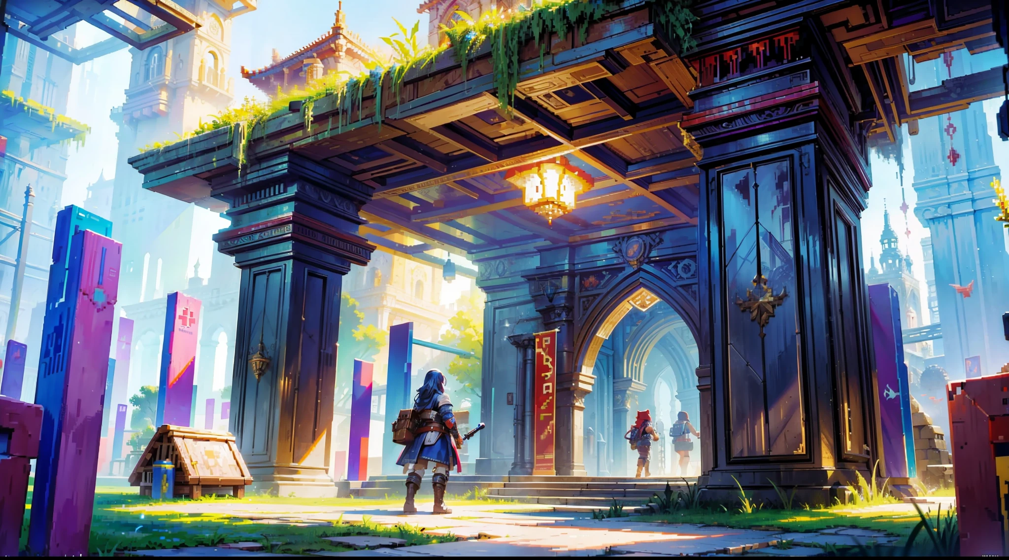 (masterpiece), best quality, ultra-detailed, pixel art for game world, concept art, ideal pixel density, dynamic environment, floating, colorful, medium-sized pixels, high resolution, detailed textures, (best illumination, best shadow), immersive perspective.