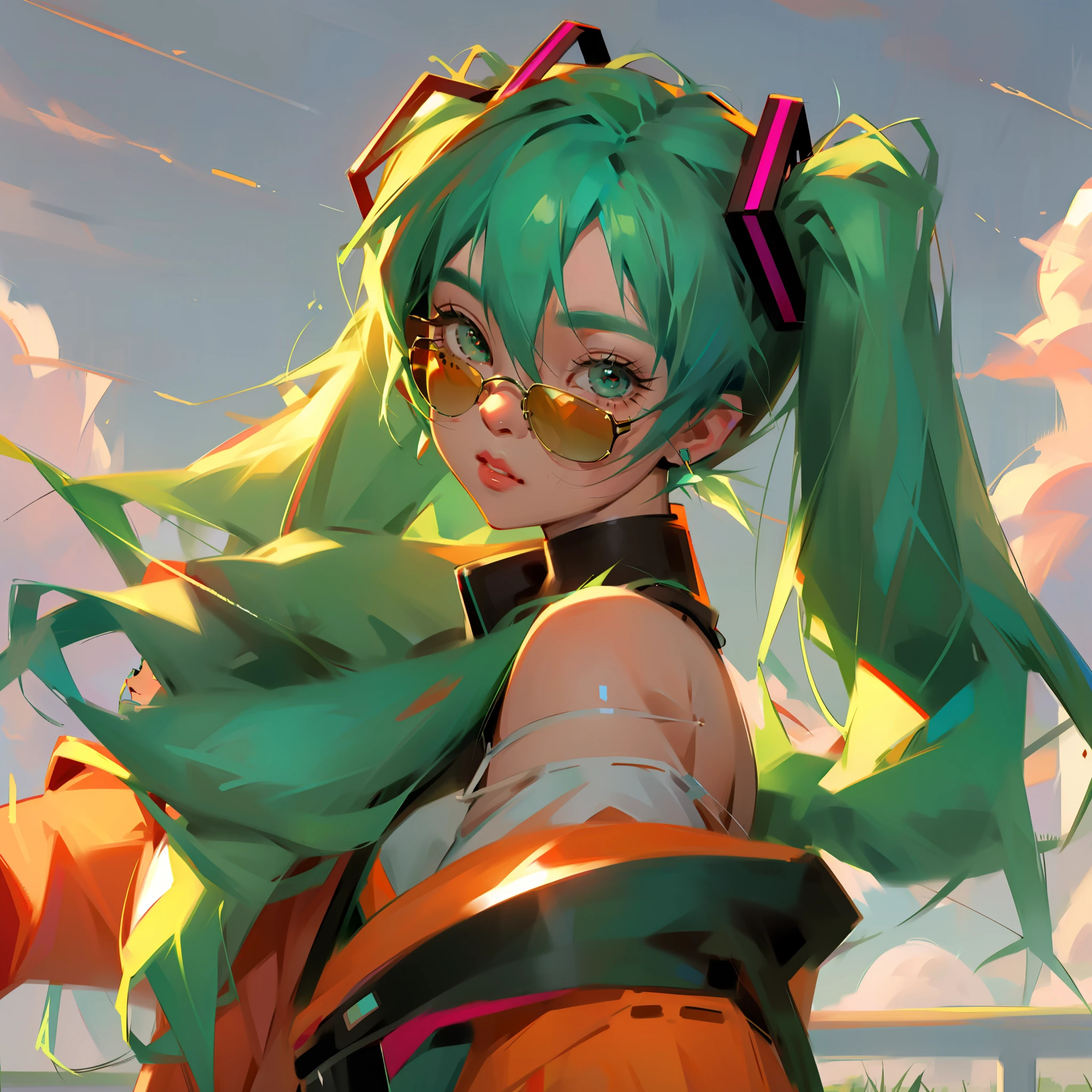 1girl, twintails, solo, hatsune miku, long hair, jacket, sunglasses, looking at viewer, green hair, earrings, sky, pants, jewelry, parted lips, outdoors, off shoulder, cloud, bangs, shirt, orange jacket, aqua hair, green eyes,