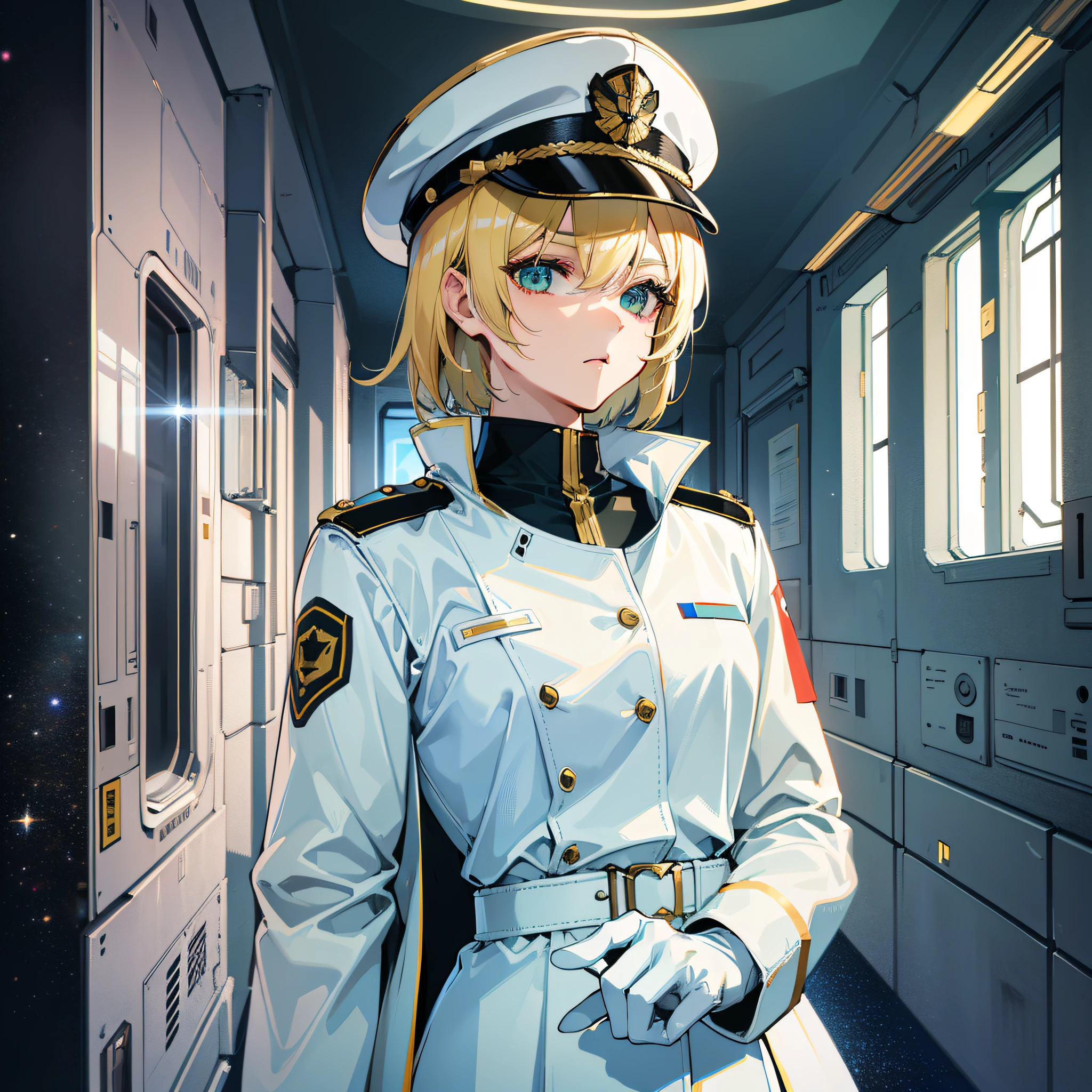 ((Masterpiece)), ((Highest Image Quality)), ((Best Quality)), (Illustration of One Girl), Full Body, 25 Years Old, (Neutral), Blonde, ((Short Hair)), ((Short Neckline)), Green Eyes, (Flat)), Small, (((Tall)), ((Muscular Strong Body)), (Army Uniform)), (Military Hat)), (Army Coat)), (White Clothes), (White Pants), (White Hat), Trench Coat, (( Inside the spaceship)), (outside the window, space, Earth seen from space, spaceport)