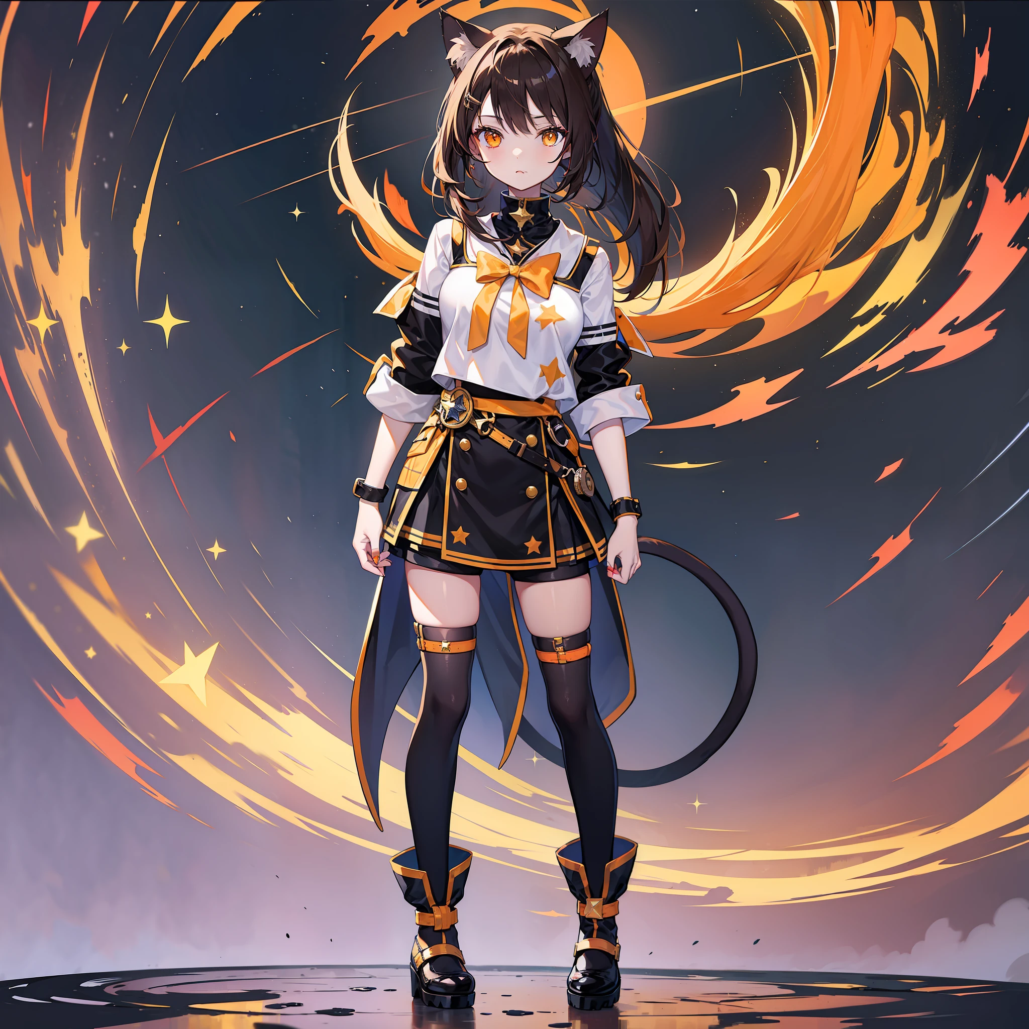 Cat ears, brunette girl, high ponytail, orange eyes, star decoration, painter, standing full body