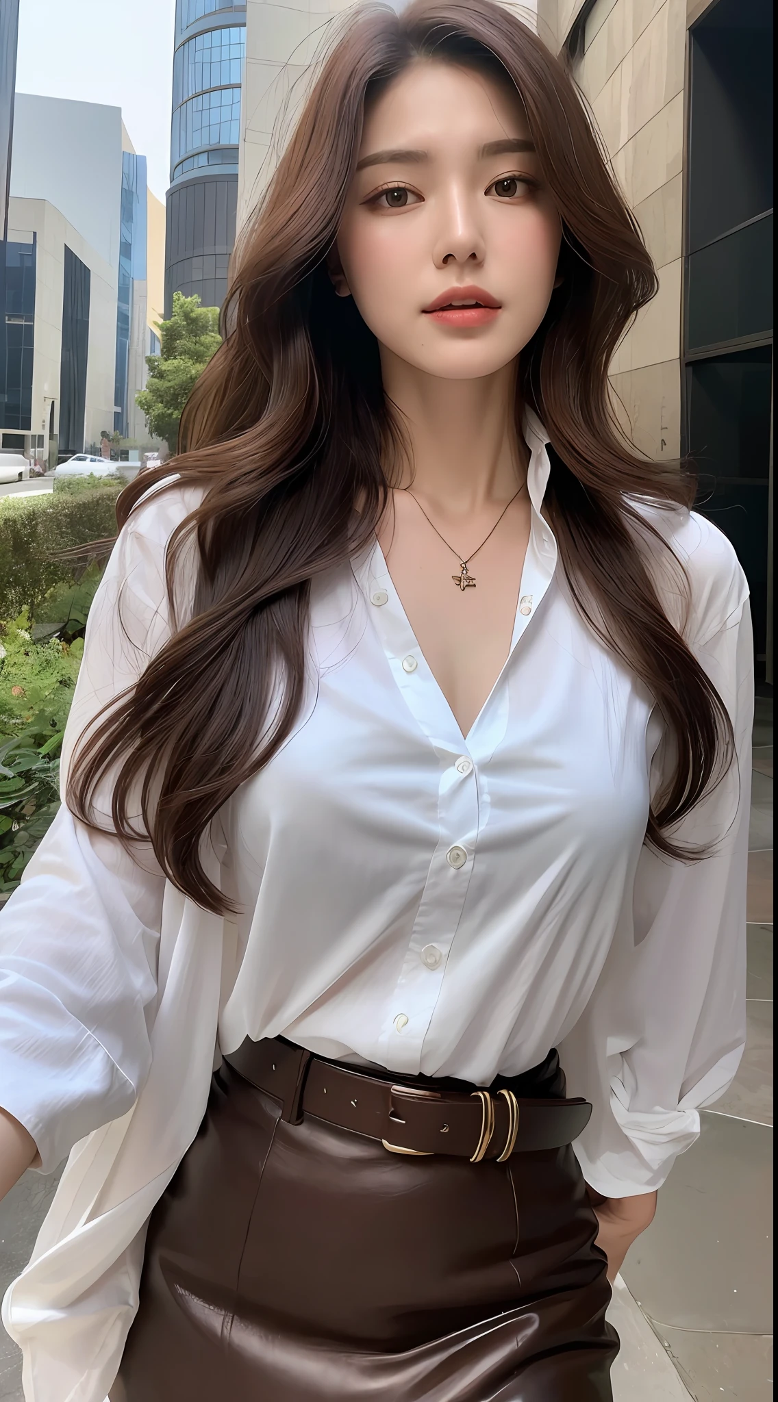 (Best quality, High resolution, Masterpiece :1.3), A tall and pretty woman, Slender abs, Dark brown hair styled in loose waves, Breasts, Wearing pendant, White button up shirt, Belt, Black skirt, (Modern architecture in background), Details exquisitely rendered in the face and skin texture, Detailed eyes, Double eyelid