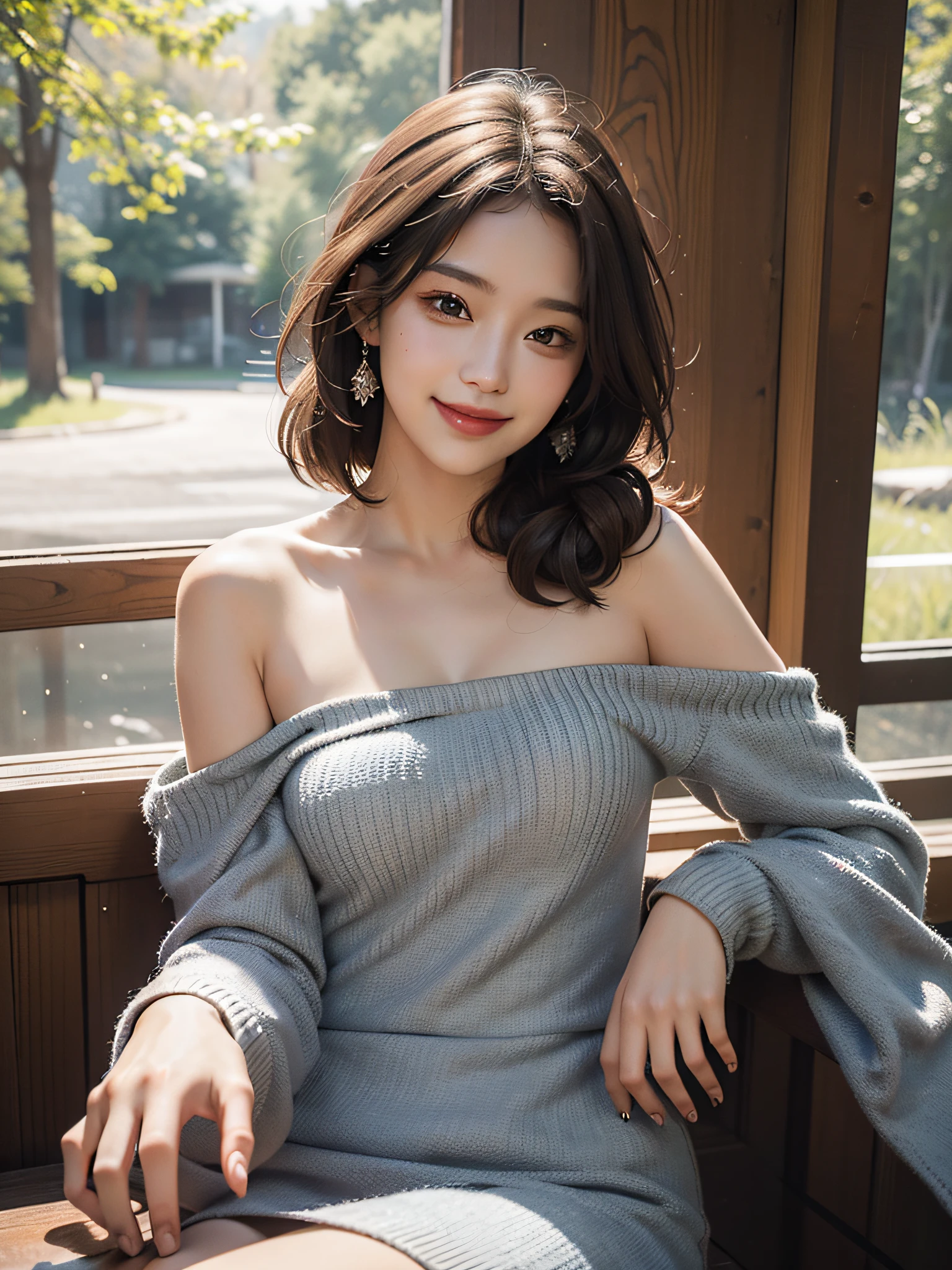 best quality, masterpiece, ultra high res, photorealistic, 1girl, offshoulder, smile