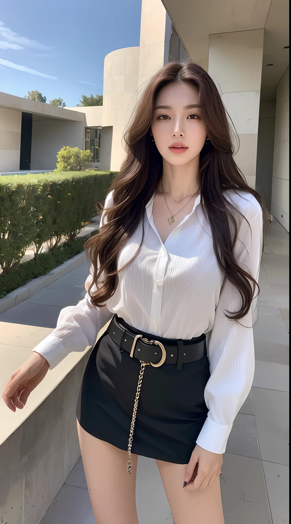 (Best quality, High resolution, Masterpiece :1.3), A tall and pretty woman, Slender abs, Dark brown hair styled in loose waves, Breasts, Wearing pendant, White button up shirt, Belt, Black skirt, (Modern architecture in background), Details exquisitely rendered in the face and skin texture, Detailed eyes, Double eyelid