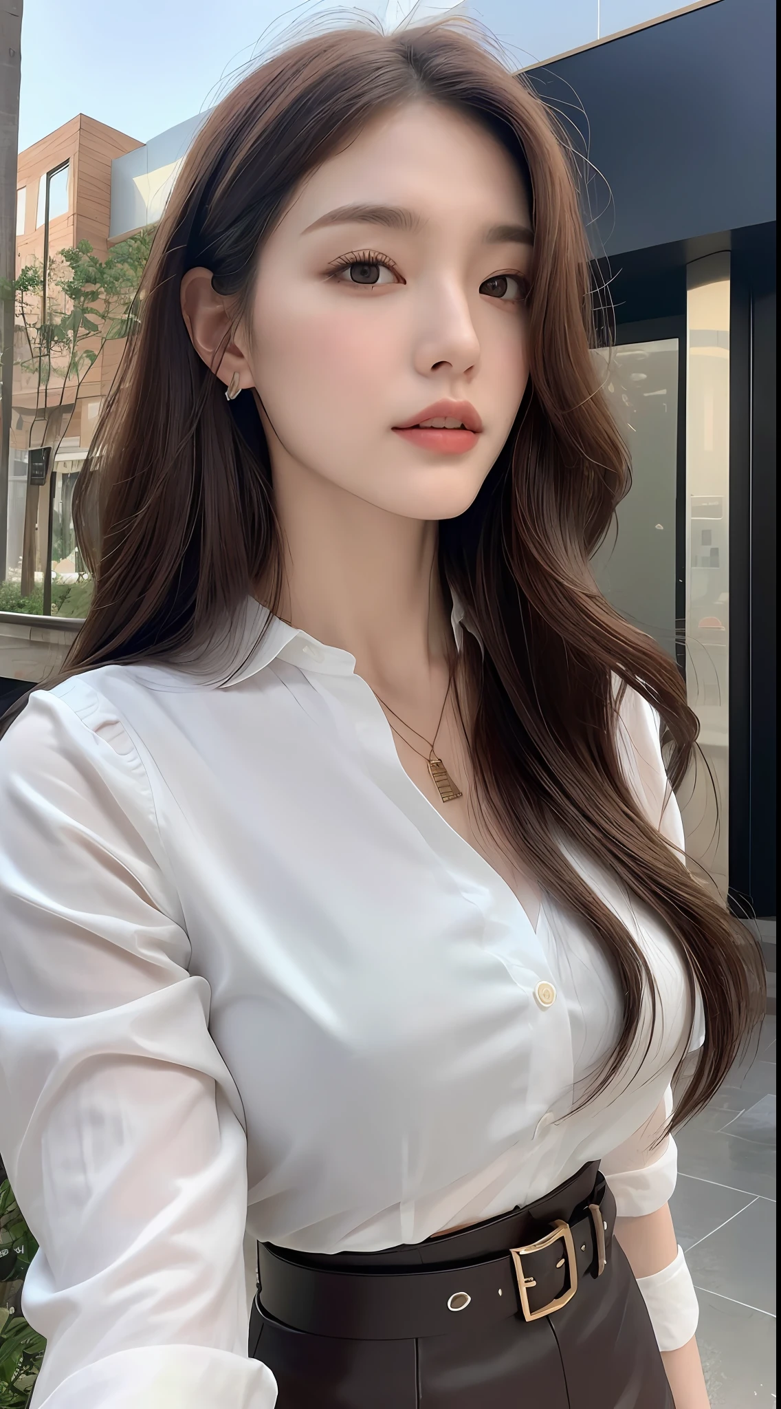 (Best quality, High resolution, Masterpiece :1.3), A tall and pretty woman, Slender abs, Dark brown hair styled in loose waves, Breasts, Wearing pendant, White button up shirt, Belt, Black skirt, (Modern architecture in background), Details exquisitely rendered in the face and skin texture, Detailed eyes, Double eyelid