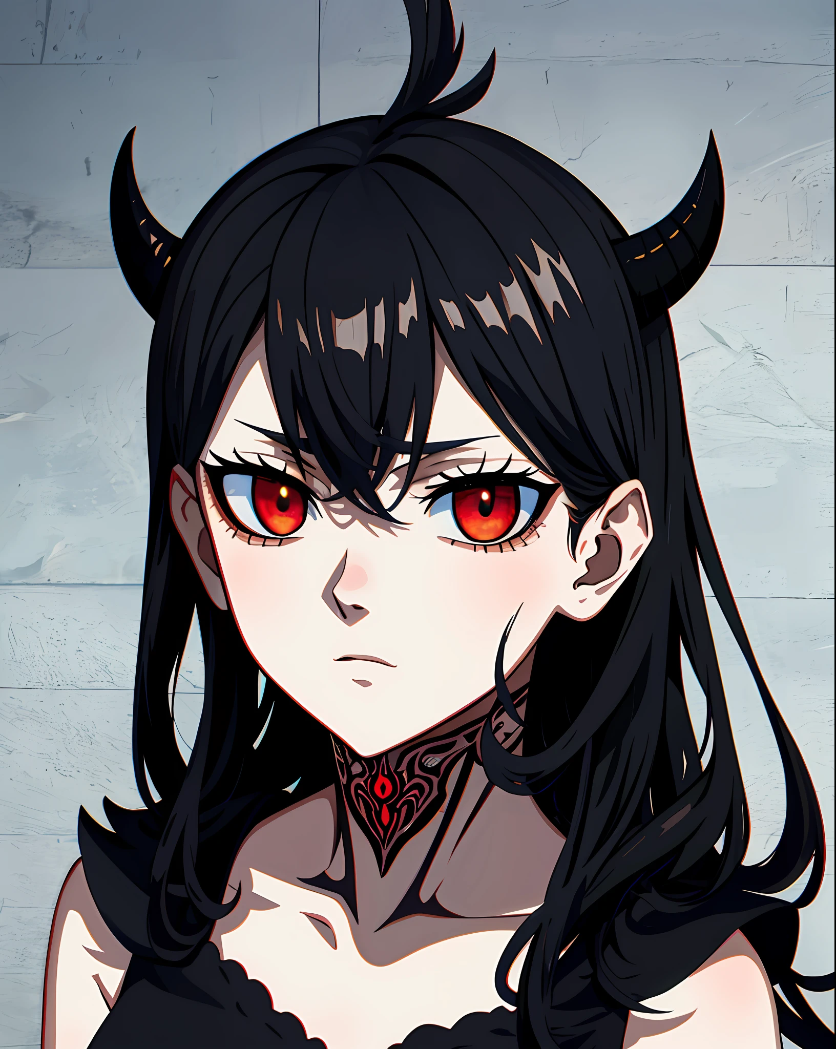 Nero black clover, looking_at_viewer, neutarl face, studio lighting, highlights, detailed eyes, girl, red eyes, small black demon horns, black clover style