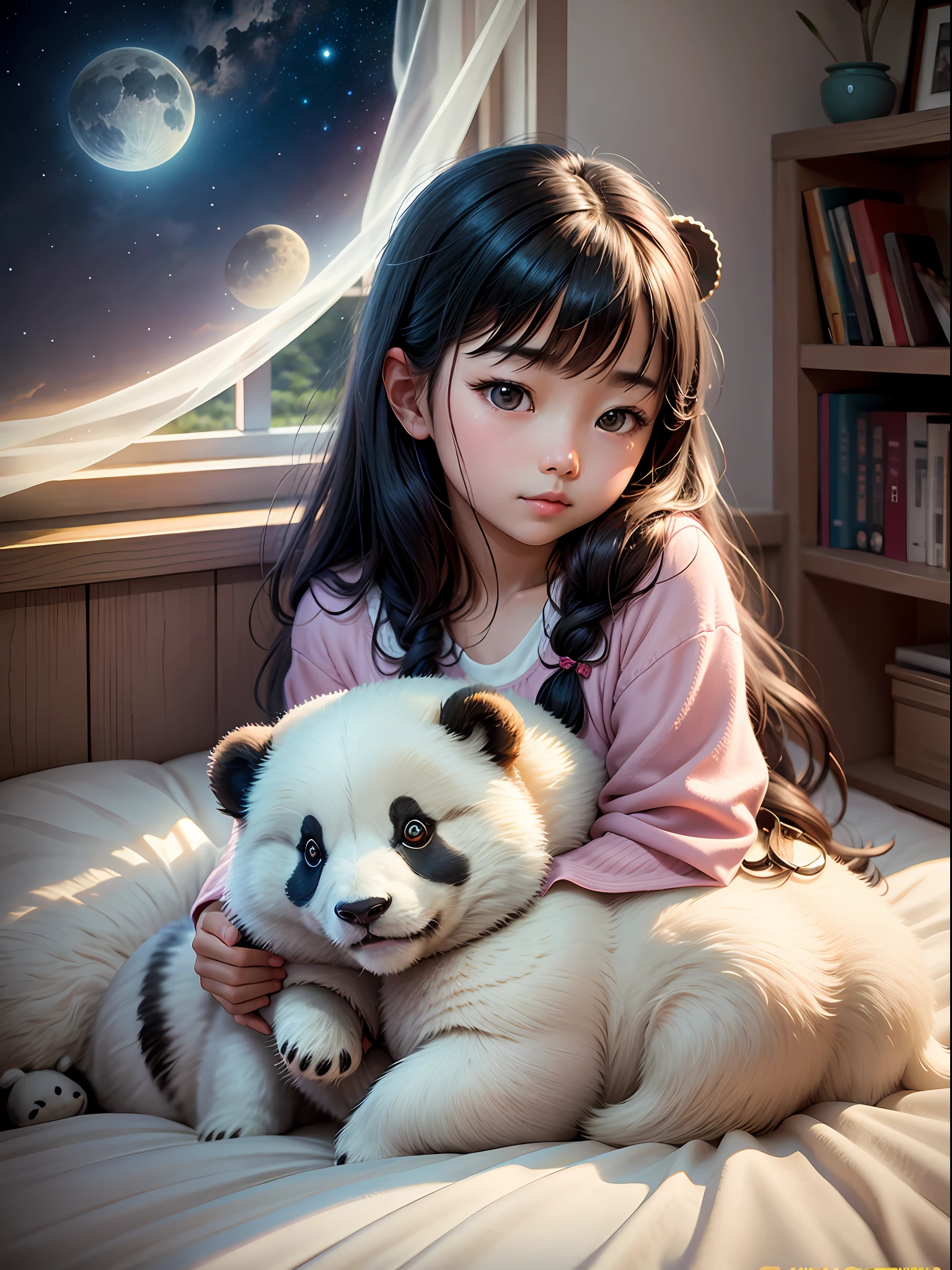 A Chinese girl, , lies on her bed, wearing her complete pajamas. The room is softly lit, casting a warm glow on her serene face. A bookshelf filled with well-loved novels stands against the wall, telling stories of far-off lands and magical adventures. A fluffy stuffed panda sits beside her, a loyal companion in her dreams. The walls are adorned with vibrant posters of breathtaking landscapes, inspiring her imagination. Soft music plays from a vintage record player, filling the room with melodic tranquility. The window curtains sway gently in the breeze, revealing a moonlit night sky dotted with twinkling stars. Her dreams take flight as she drifts off to sleep. [realistic photography, professional color graded, 8K, F2.4, 35mm]