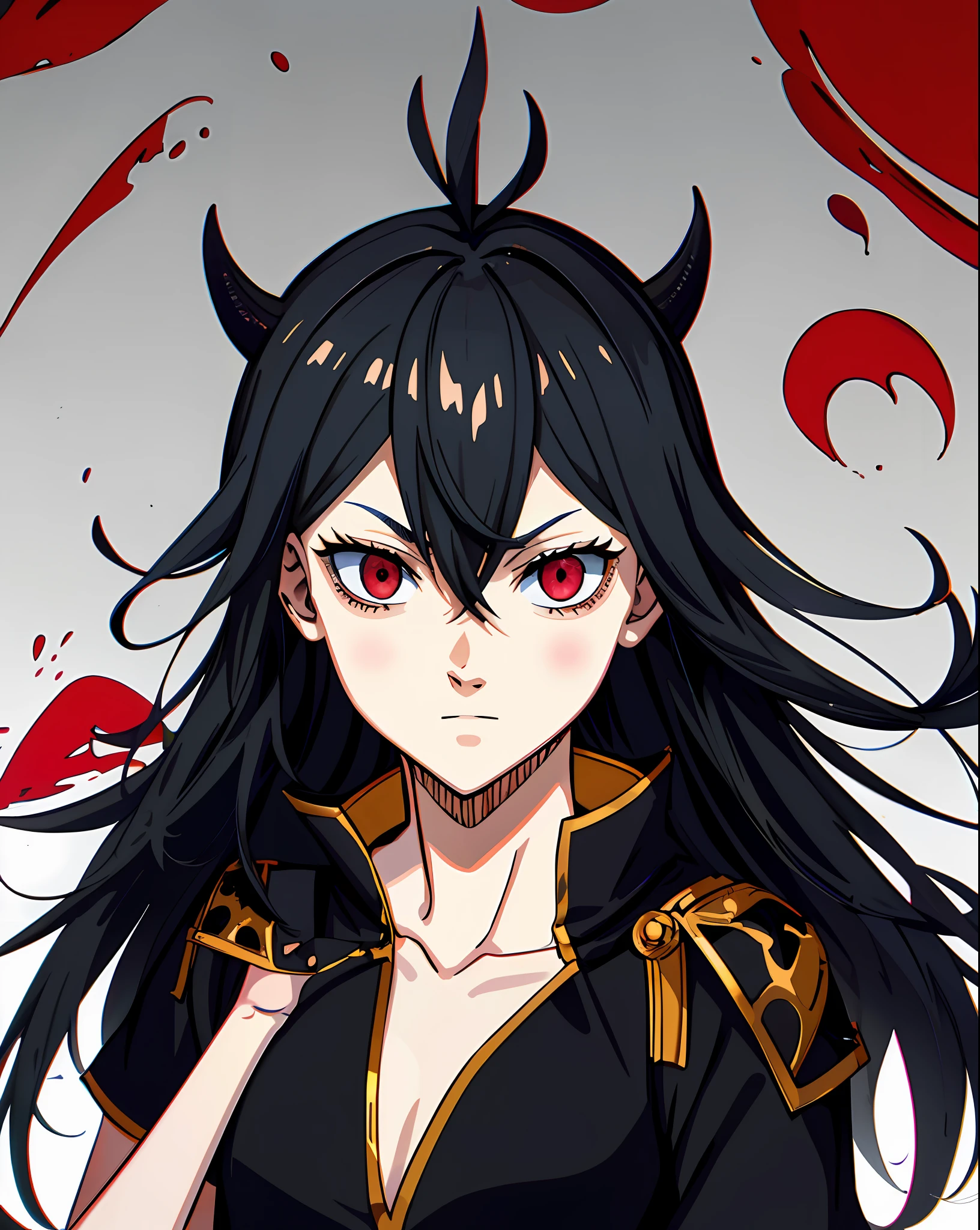 Nero black clover, looking_at_viewer, neutarl face, studio lighting, highlights, detailed eyes, girl, red eyes, small black demon horns, black clover style