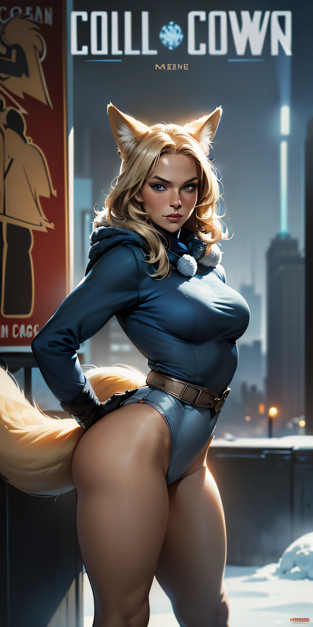 (((A European woman and medium blonde hair with light-colored fox tail))) in superhero pose, American World War II poster, Gil Elvgren style, WLOP, Artgerm ((Poster style)) (((wearing cold clothes in blue color)) (city in the background) ((woman holding a snowball)) detailed clothing, Small breasts, snow, 1 girl, solo, poster design, poster art style. 1980s, 1950s, 1960s, 1940s, basic color scheme, very colorful poster, colorful art, third rule, dynamic pose, woman, 1 25-year-old girl, looking at the viewer, blurred background, blue eyes