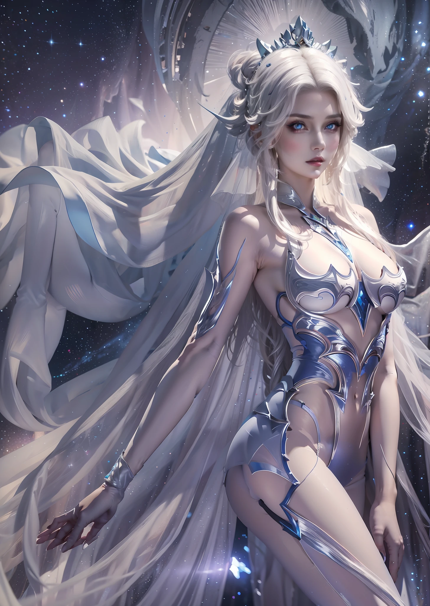 hydaelyn_tpa, 1girl, veil, white bodysuit, cape, parted lips, crown, starry background, blue eyes, space, legs apart, cinematic lighting, highly detailed, absurdres, masterpiece,