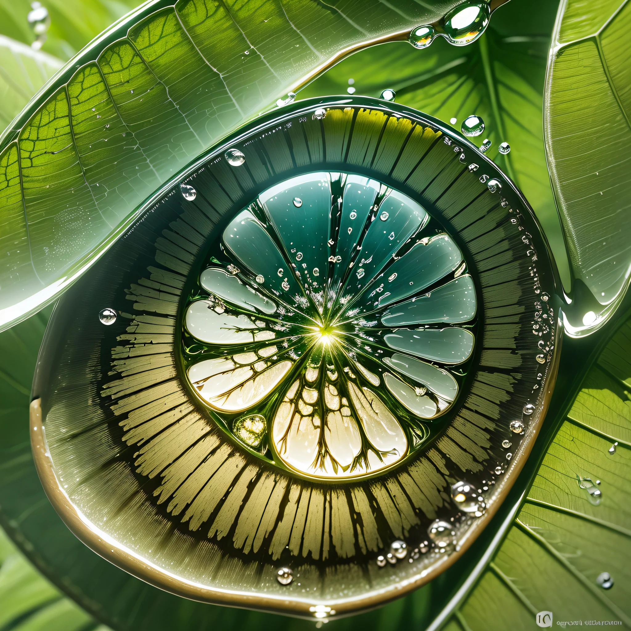 (high quality, peaceful) A close-up of (large water droplet reflecting surrounding nature) magnified on a leaf, with incredible detail and transparency, revealing a (water droplet surrounded by a transparent skull) - style raw image. --auto --s2