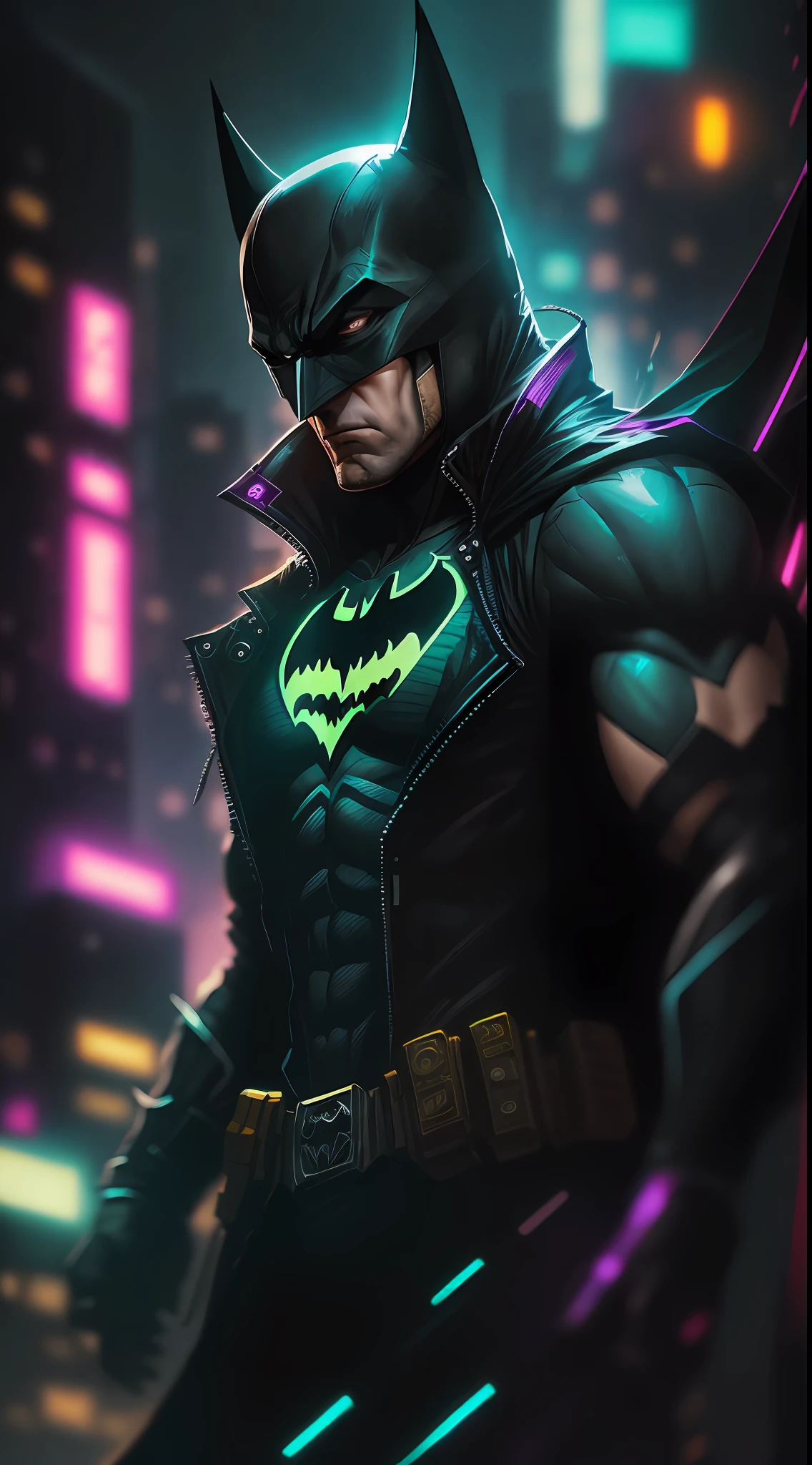 Batman from DC, neon ring on background, cyberpunk art style, cyberpunk style, cyberpunk style, cyberpunk character, hyper-realistic cyberpunk style, cyberpunk color, powerful lighting, motion synchronization, dynamism, charged energy, hot action