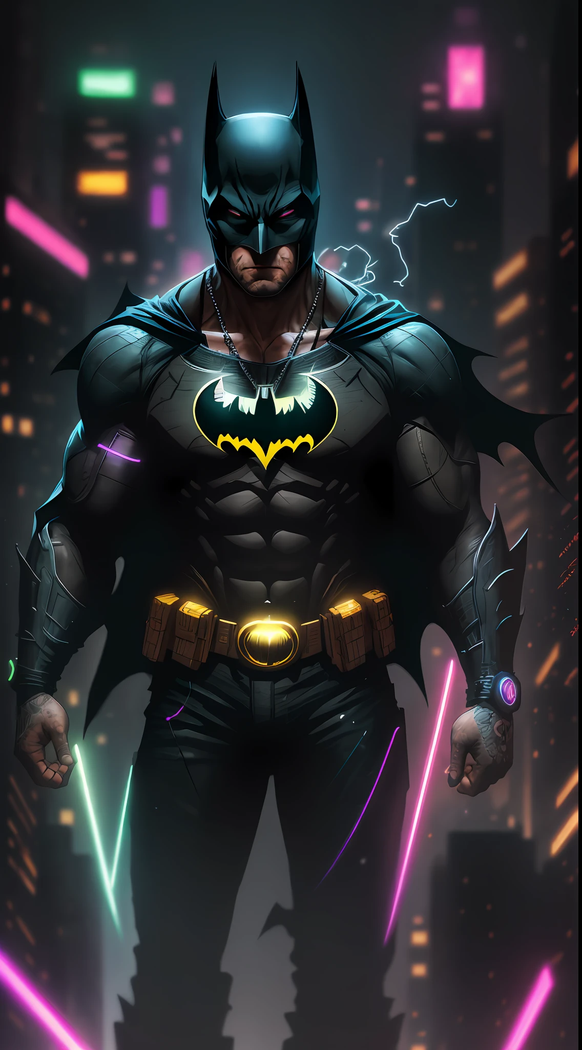 God Batman from DC, neon ring on background, cyberpunk art style, cyberpunk style, cyberpunk style, cyberpunk character, hyper-realistic cyberpunk style, cyberpunk color, powerful lighting, motion synchronization, dynamism, charged energy, hot action