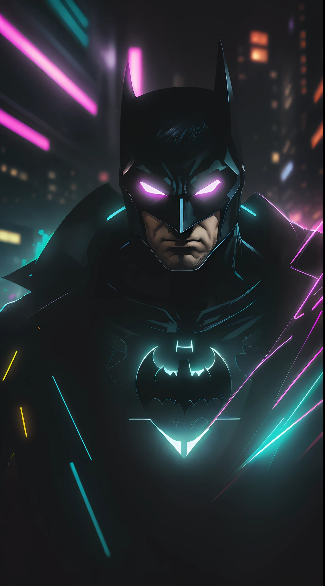 God Batman from DC, neon ring on background, cyberpunk art style, cyberpunk style, cyberpunk style, cyberpunk character, hyper-realistic cyberpunk style, cyberpunk color, powerful lighting, motion synchronization, dynamism, charged energy, hot action