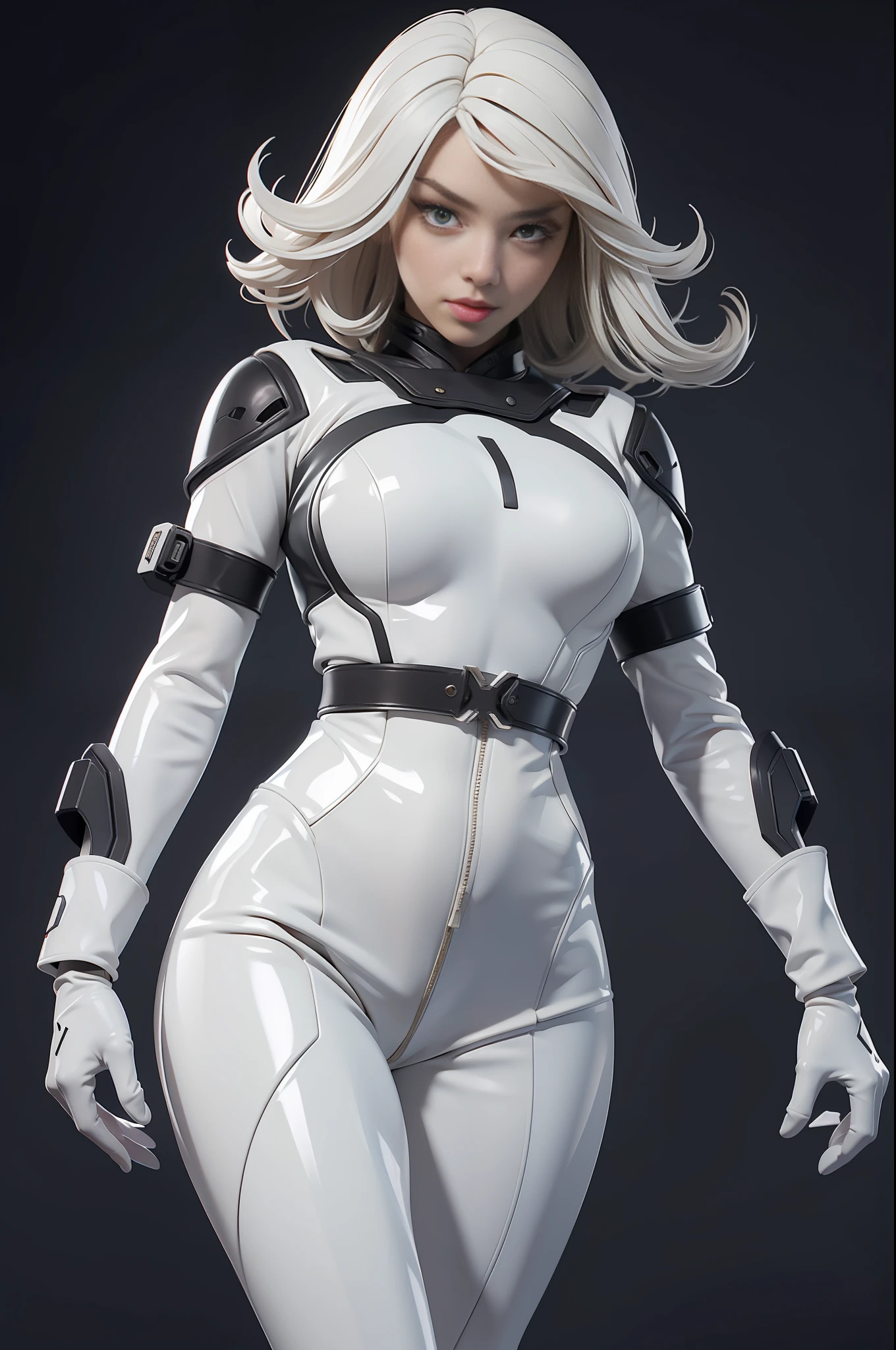 solo, super fine photo, portrait Unreal Engine 5 8K UHD of beautiful and mature girl, gorgeous, bob hair, white and black color scheme tight futuristic latex catsuit with straps, latex glove, latex belts, cyberpunk design, futuristic female superheroine, latex arm and leg cuffs, beautiful make up, luxurious, best quality, masterpiece, official art, unified 8k wallpaper, super detailed, sharp focus, dynamic pose, body parts, no extra limbs, precisely anatomy