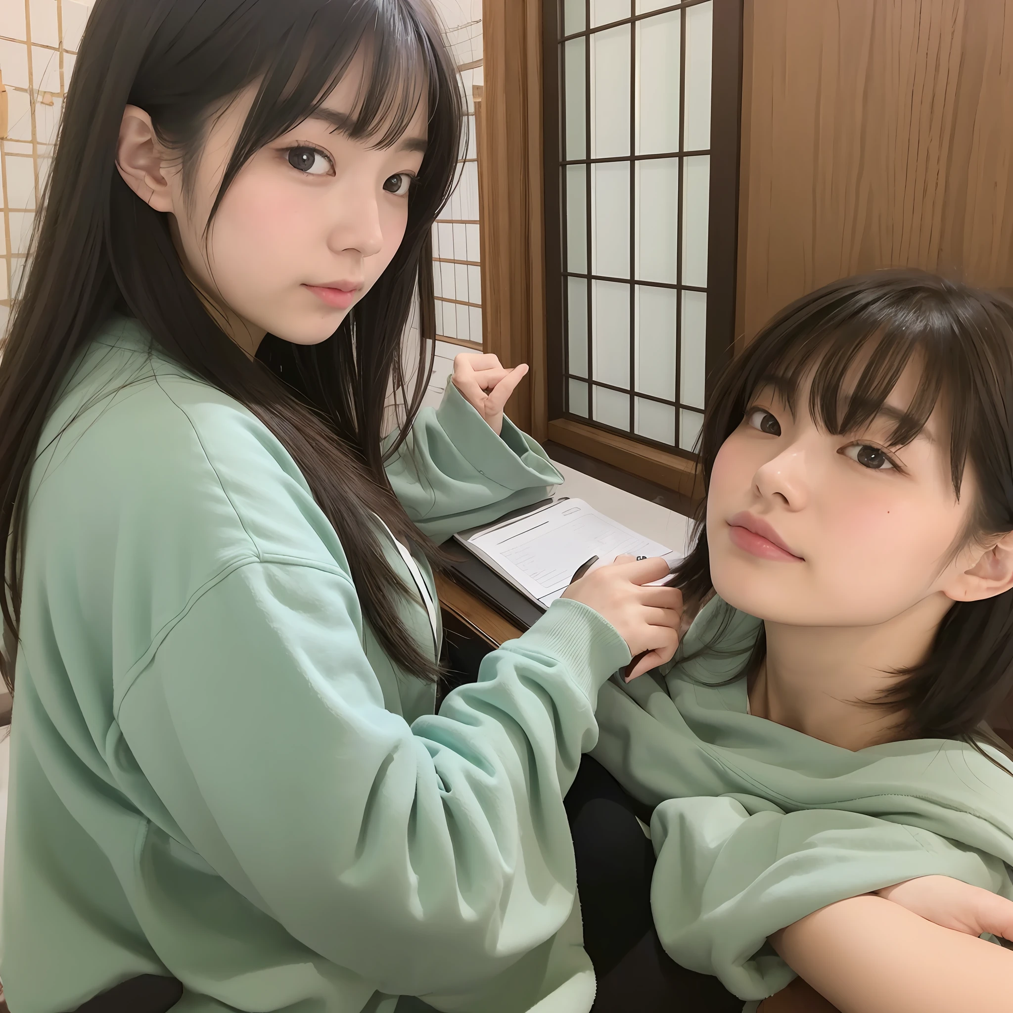 three japanese female student, studying, seminar, summer --auto --s2