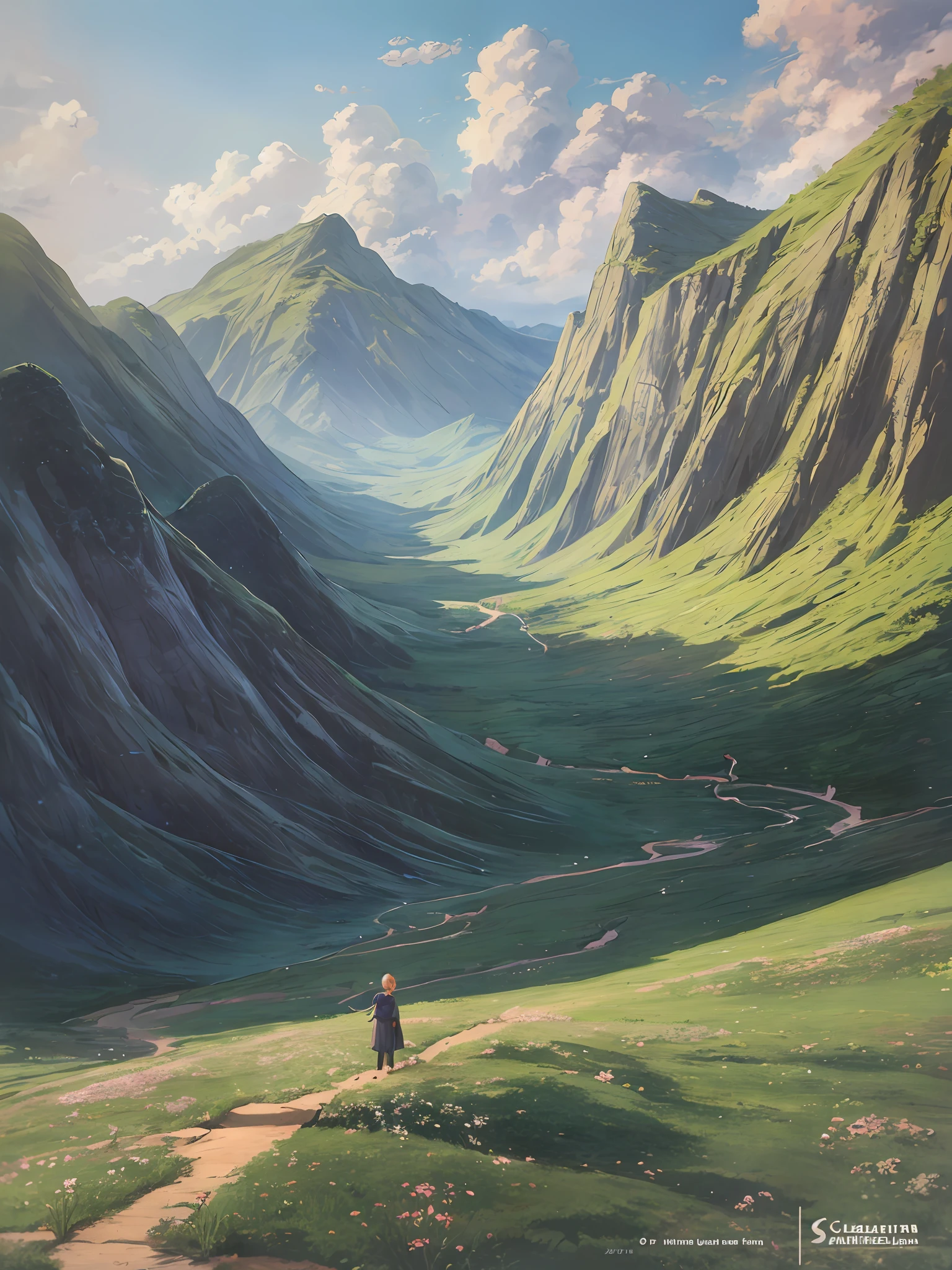 painting of a mountain landscape with a valley and trees, silvain sarrailh, by sylvain sarrailh, ross tran. scenic background, anime landscape, scenery artwork, inspired by sylvain sarrailh, andreas rocha style, noah bradley. sharp focus, anime countryside landscape, james gurney and andreas rocha, concept art | rhads