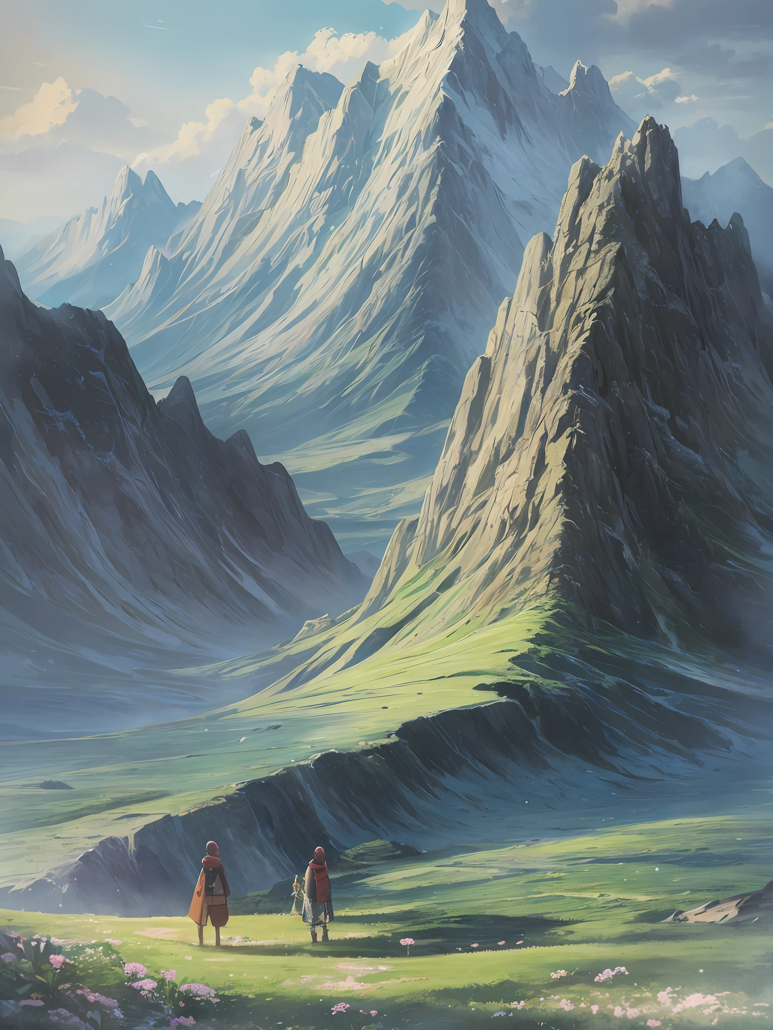 painting of a mountain landscape with a valley and trees, silvain sarrailh, by sylvain sarrailh, ross tran. scenic background, anime landscape, scenery artwork, inspired by sylvain sarrailh, andreas rocha style, noah bradley. sharp focus, anime countryside landscape, james gurney and andreas rocha, concept art | rhads