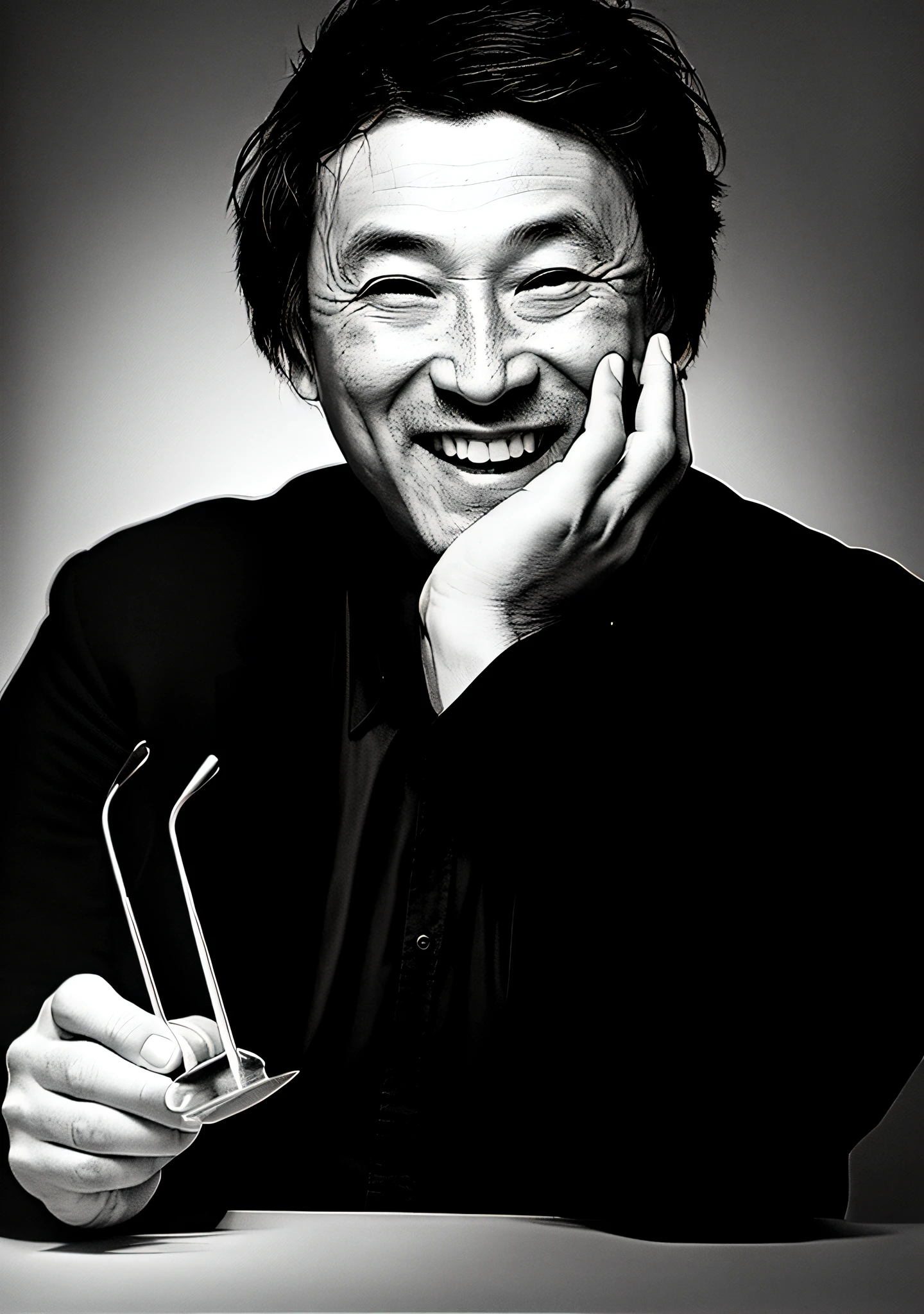 (写真の全ての文字は除外してください:1.3)、特に髪の毛の量は写真通り忠実に描いて下さい、肌の色は自然なアジア人の肌色でお願いします、肌のシミ・斑点は除去して下さい、(来ている服の輪郭はハッキリと描いてください: 1.5)、(左手の肘の部分・角度も完璧に描いてください: 1.3)、Start by uploading the provided photo of Juzo Itami to seaart’s platform and select the ‘realistic portrait’ option under the intelligent analysis settings. Adjust the ‘detail’ and ‘smoothness’ sliders to enhance the portrait’s details and achieve a smooth effect. Use the ‘lighting’ and ‘shadow’ settings to add depth and dimension to the portrait, paying particular attention to the area where the left hand is placed on the chin. To ensure a realistic depiction of the hand, use the brush tool to manually adjust the area. Use the ‘detail’ and ‘smoothness’ settings to match the hand’s texture and skin tone with the rest of the portrait. Utilize technical lighting techniques such as split light to achieve a super realistic result. Consider adding black and white effects or concept art elements to the portrait to make it stand out. Take inspiration from buttonerdvision3 and other highly detailed artists on artstation to keep up with the trend. Once satisfied with the portrait’s overall look and focus, save it in a high-resolution format for the highest quality result.