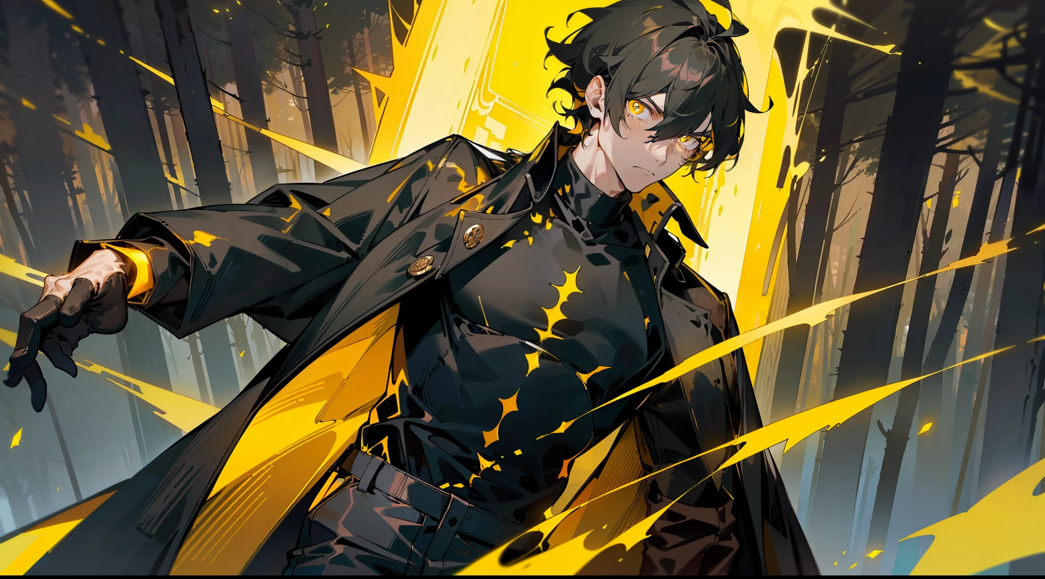 masterpiece, best quality, badass anime, high quality, human, mature handsome male, (selfie), upper body, (((solo))), (male focus), ((mature)), ((black)) short hair, hair between eyes, slim, ((yellow pupils)), glowing pupils, detailed eyes, front view, (clothing, (topwear: ((black modern coat, black t-shirt), bottomwear:(pants: black)), standing, detailed clothing, coat collar, coat fluttering, tall, (serious expression), (((burnt forest))), (detailed background), clothing covered with ((yellow glowing elements))