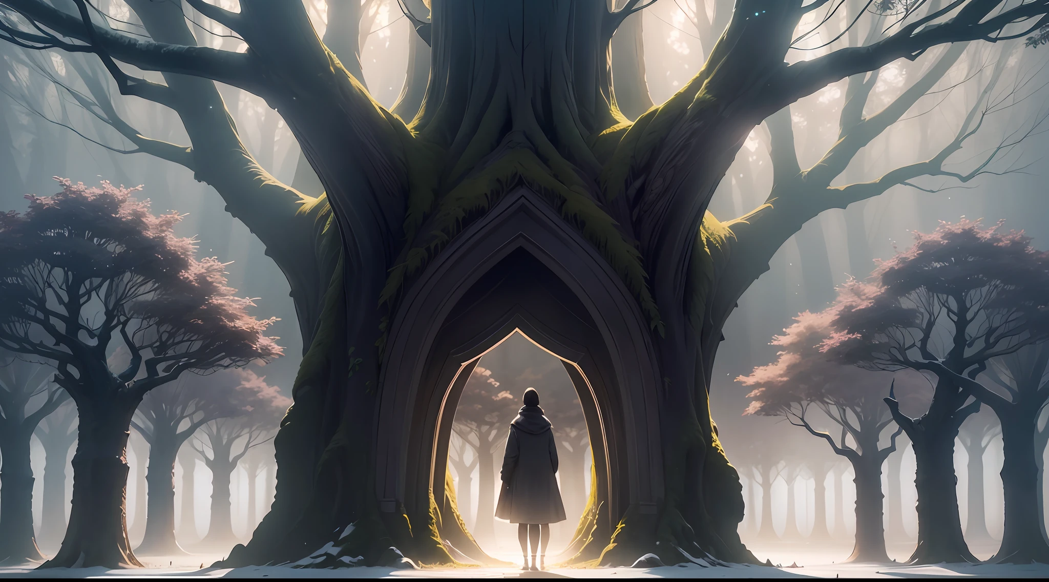 A nocturnal landscape shrouded in dense mists. In the midst of the shadows, stands out an imposing tree, whose branches extend in opposite directions, as if representing the duality of life. At the top of the tree, a small light shines brightly, emanating a soft and comforting glow. It is as if this light represents the illumination that arises when we embrace the shadows with love and acceptance. The image conveys a sense of mystery, courage and hope, inviting the viewer to immerse themselves in their own journey of self-discovery. --auto --s2