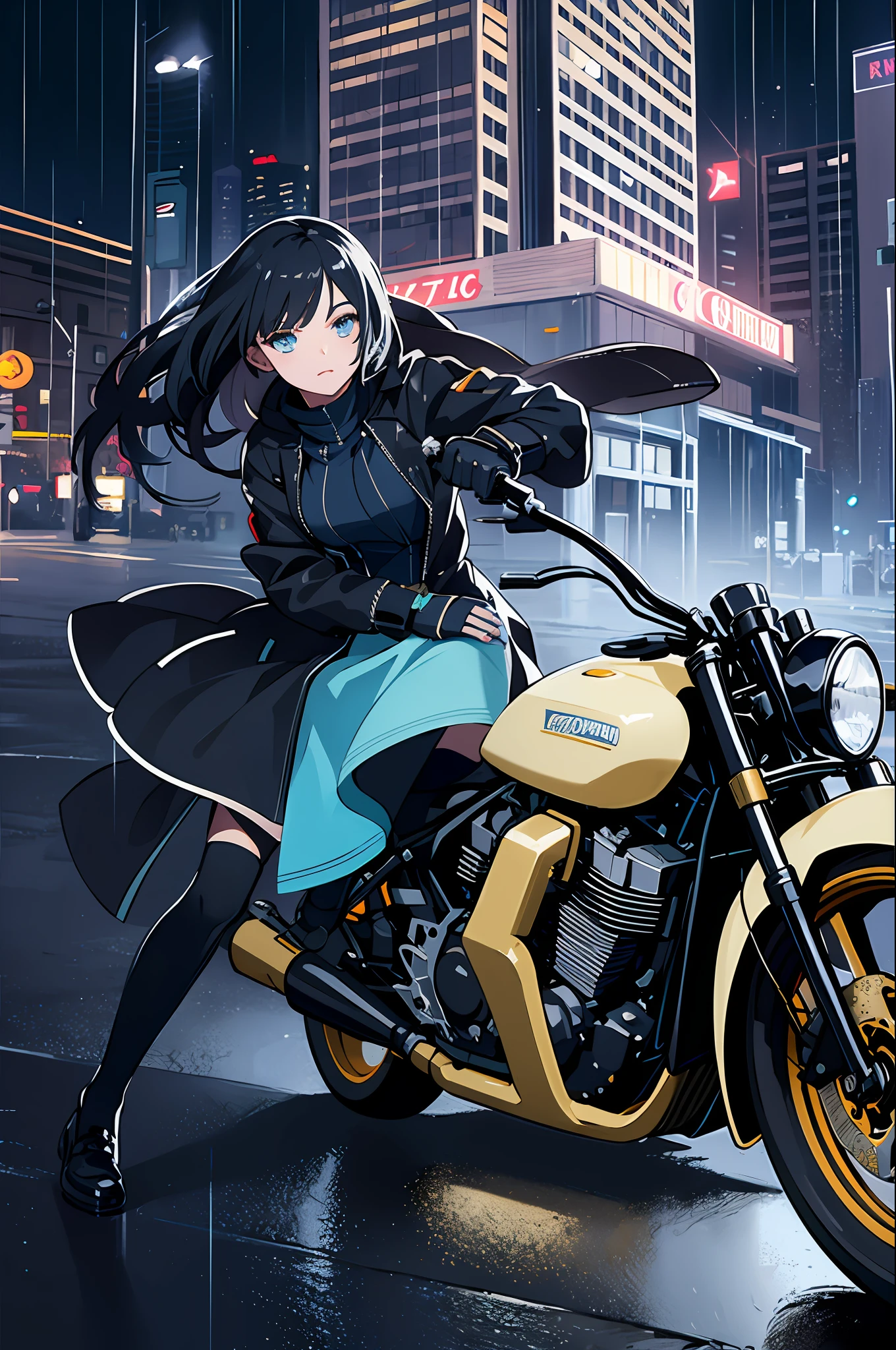 1girl, dress, jacket, rain, ground vehicle, helmet, mecha, motor vehicle, motorcycle, on motorcycle, vehicle focus, wheel, night, road, street, rain, city, puddles, 8k, ultra realistic, lens flare, atmosphere, glow, detailed, intricate, full of colour, cinematic lighting, trending on artstation, 4k, hyperrealistic, focused, extreme details, unreal engine 5, cinematic, Masterpiece, best quality