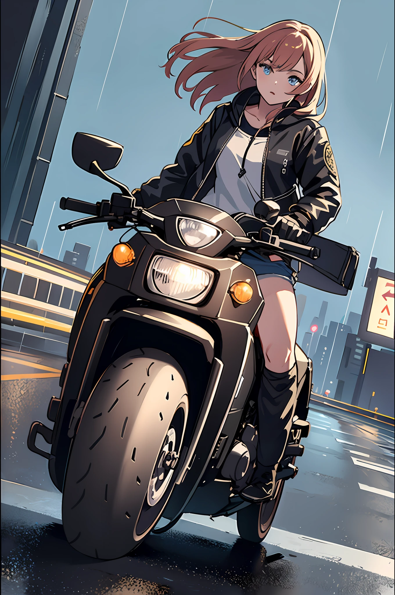 1girl, dress, jacket, rain, ground vehicle, helmet, mecha, motor vehicle, motorcycle, on motorcycle, vehicle focus, wheel, night, road, street, rain, city, puddles, 8k, ultra realistic, lens flare, atmosphere, glow, detailed, intricate, full of colour, cinematic lighting, trending on artstation, 4k, hyperrealistic, focused, extreme details, unreal engine 5, cinematic, Masterpiece, best quality