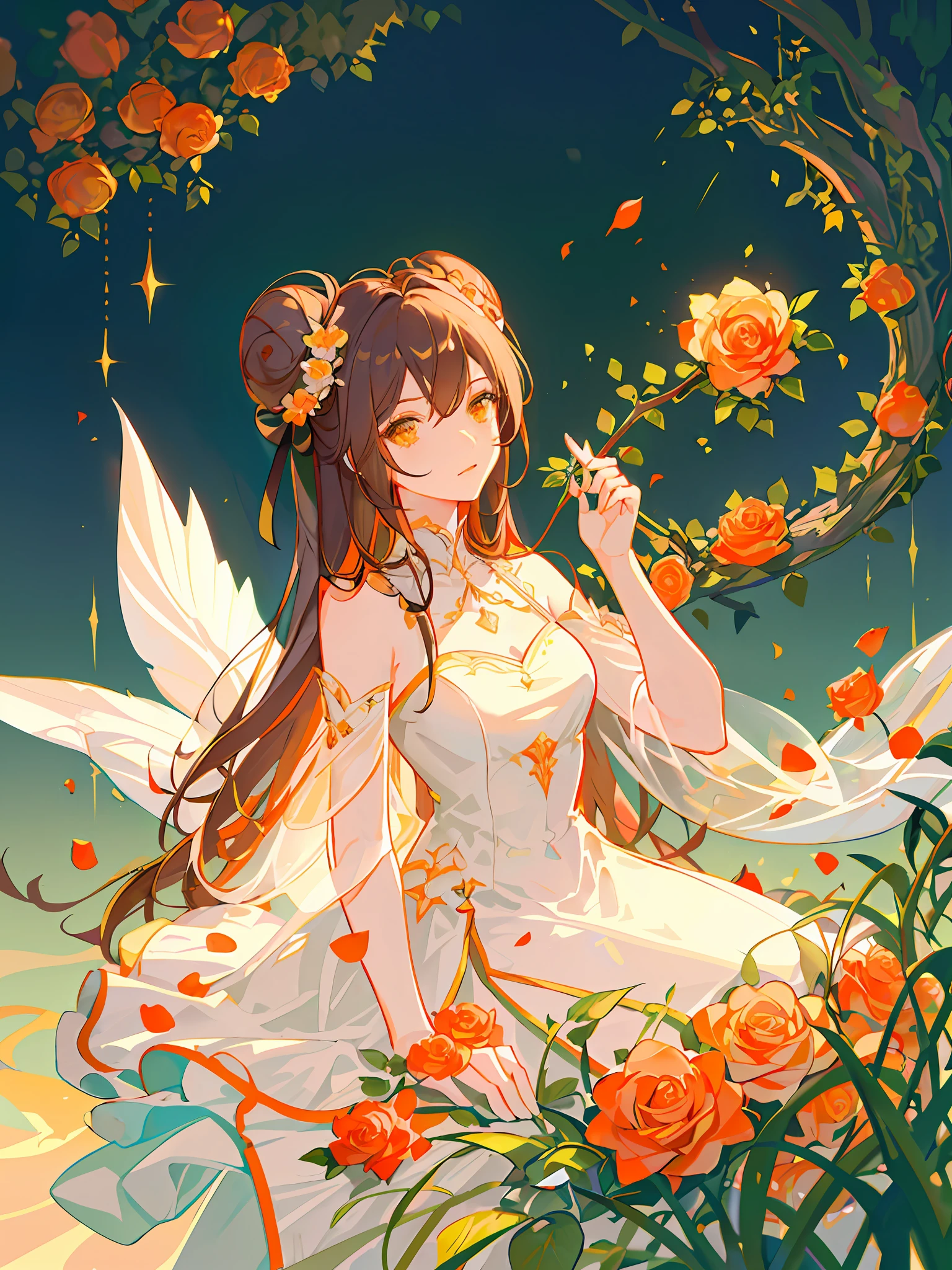 (HD4k,masterpiece:1.3,best quality),arafed woman in a white detailed dress lay up on a chair with flowers ((orange rose)) in the shade, dreamy and ethereal, ethereal and dreamy, lovely languid princess, dreamy atmosphere and drama, ,, floral dream,brown hair,bun hair,yellow background,basic background,
